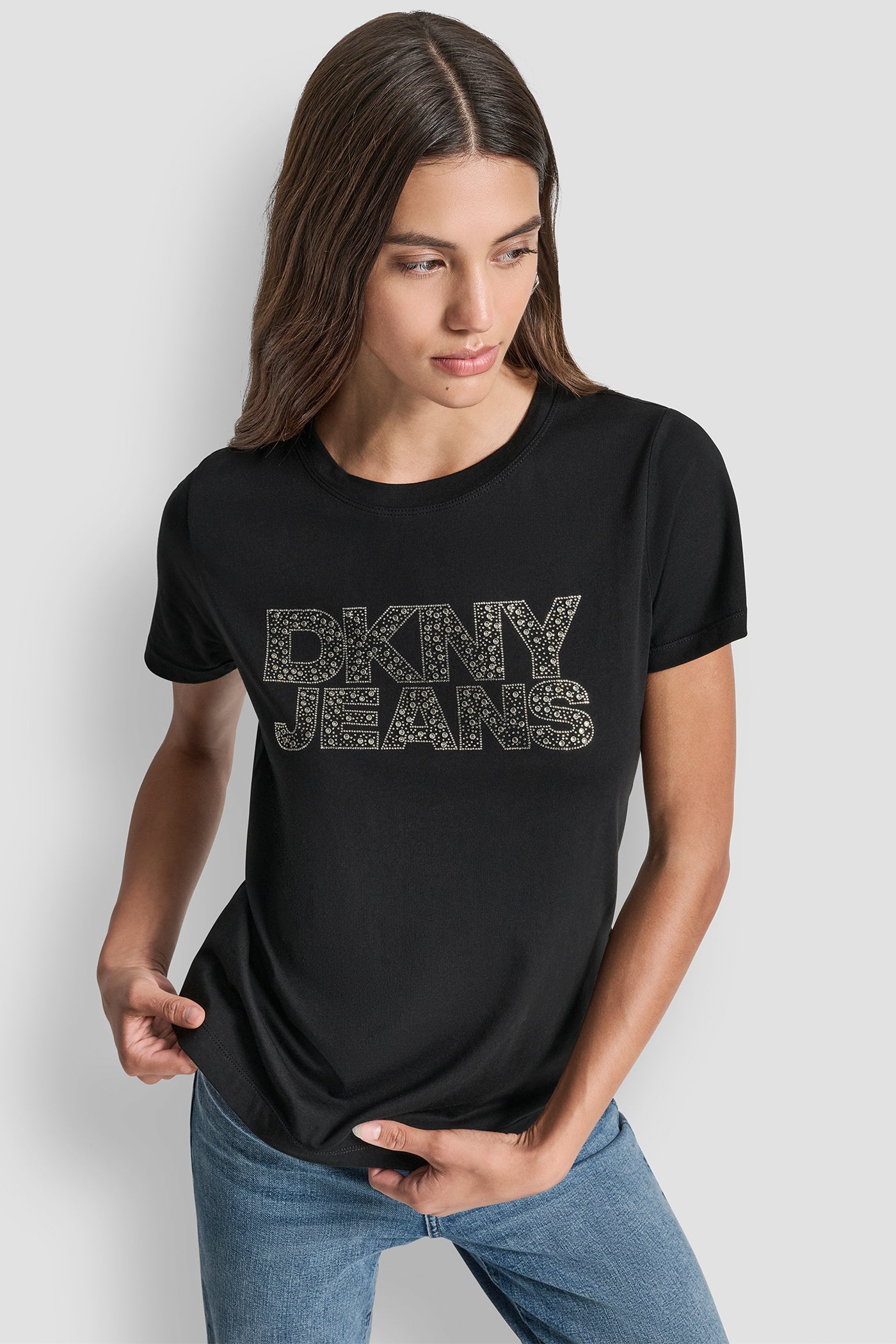 Black DKNY JEANS STACKED MINI RHINESTONE LOGO CREW NECK, FRONT VIEW | Tees & Tanks