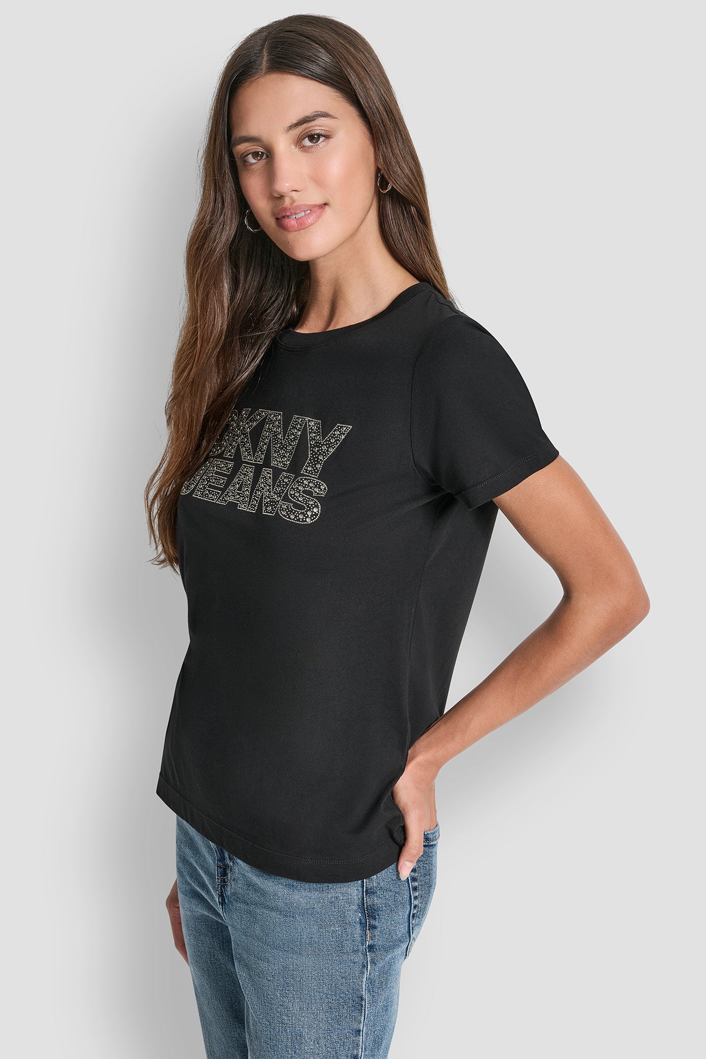 DKNY JEANS STACKED MINI RHINESTONE LOGO CREW NECK VIEW 3 | Tees & Tanks