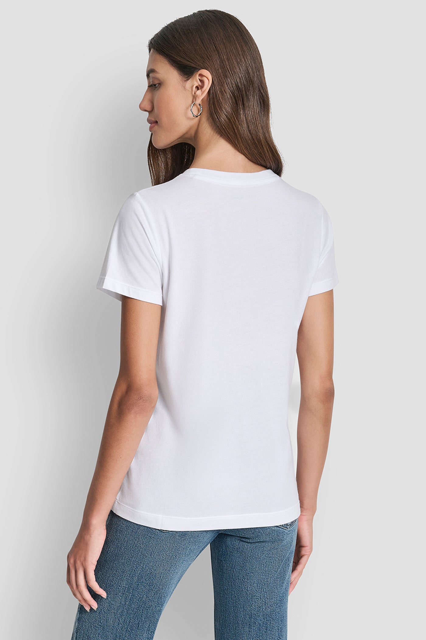 White DKNY JEANS STACKED MINI RHINESTONE LOGO CREW NECK, BACK VIEW | Tees & Tanks