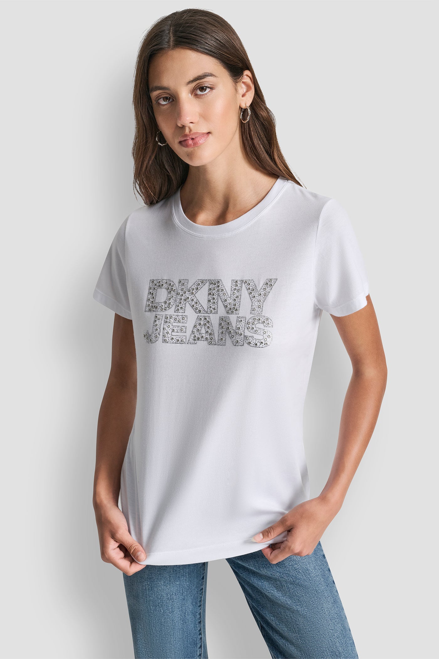 White DKNY JEANS STACKED MINI RHINESTONE LOGO CREW NECK, FRONT VIEW | Tees & Tanks