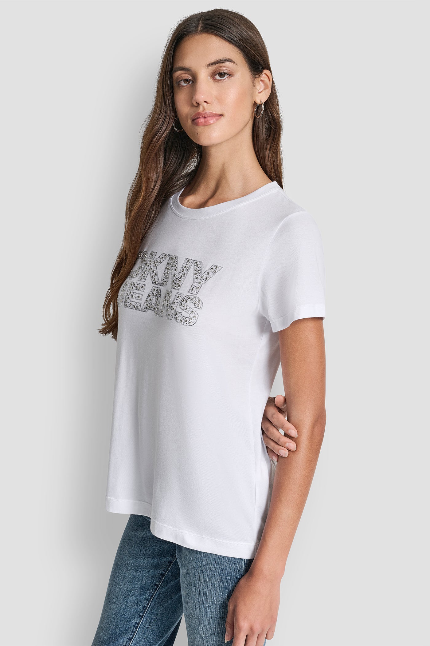 DKNY JEANS STACKED MINI RHINESTONE LOGO CREW NECK VIEW 3 | Tees & Tanks