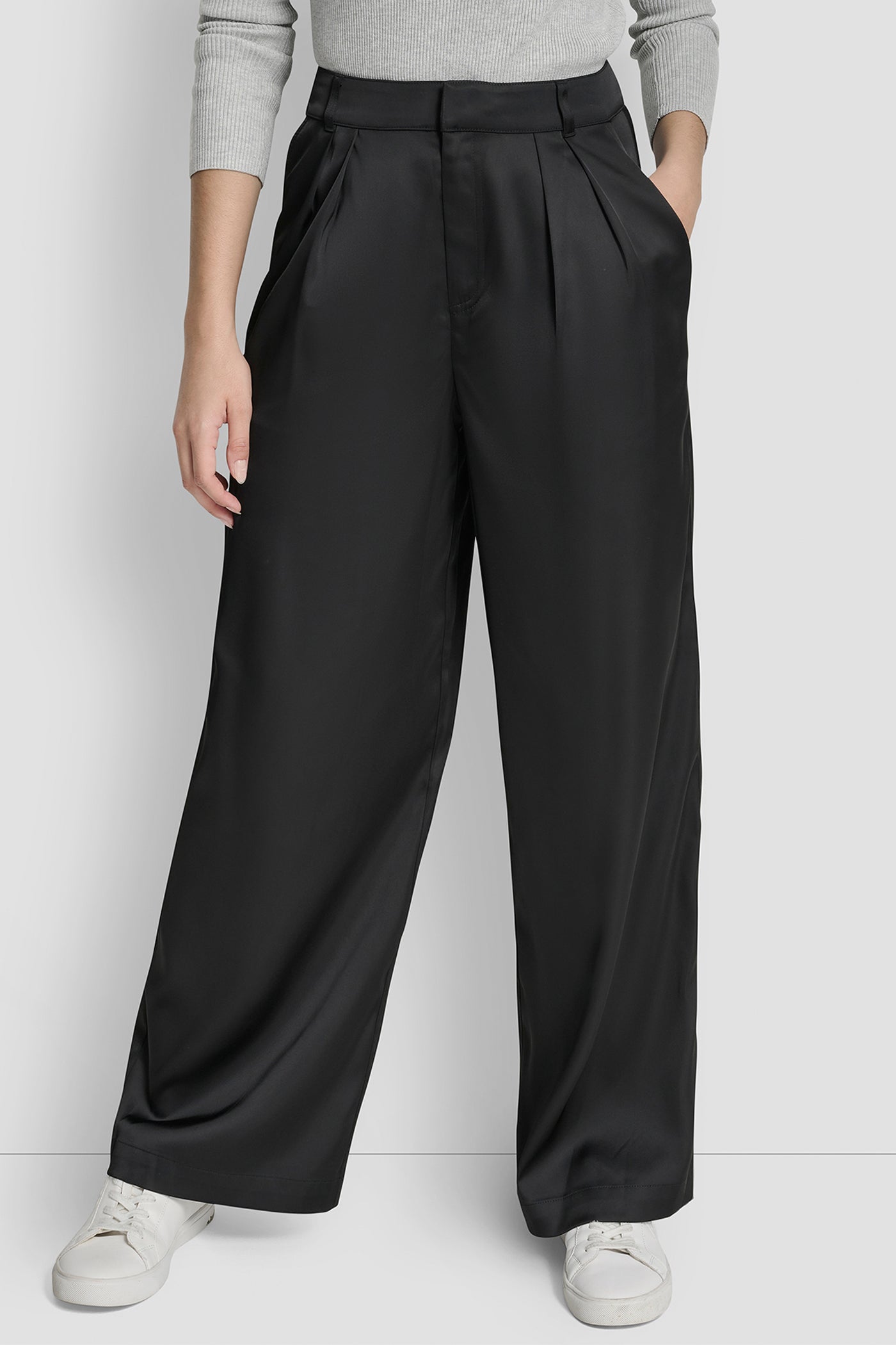 Black HIGH RISE PLEATED WIDE LEG TROUSER, FRONT VIEW | Pants & Denim