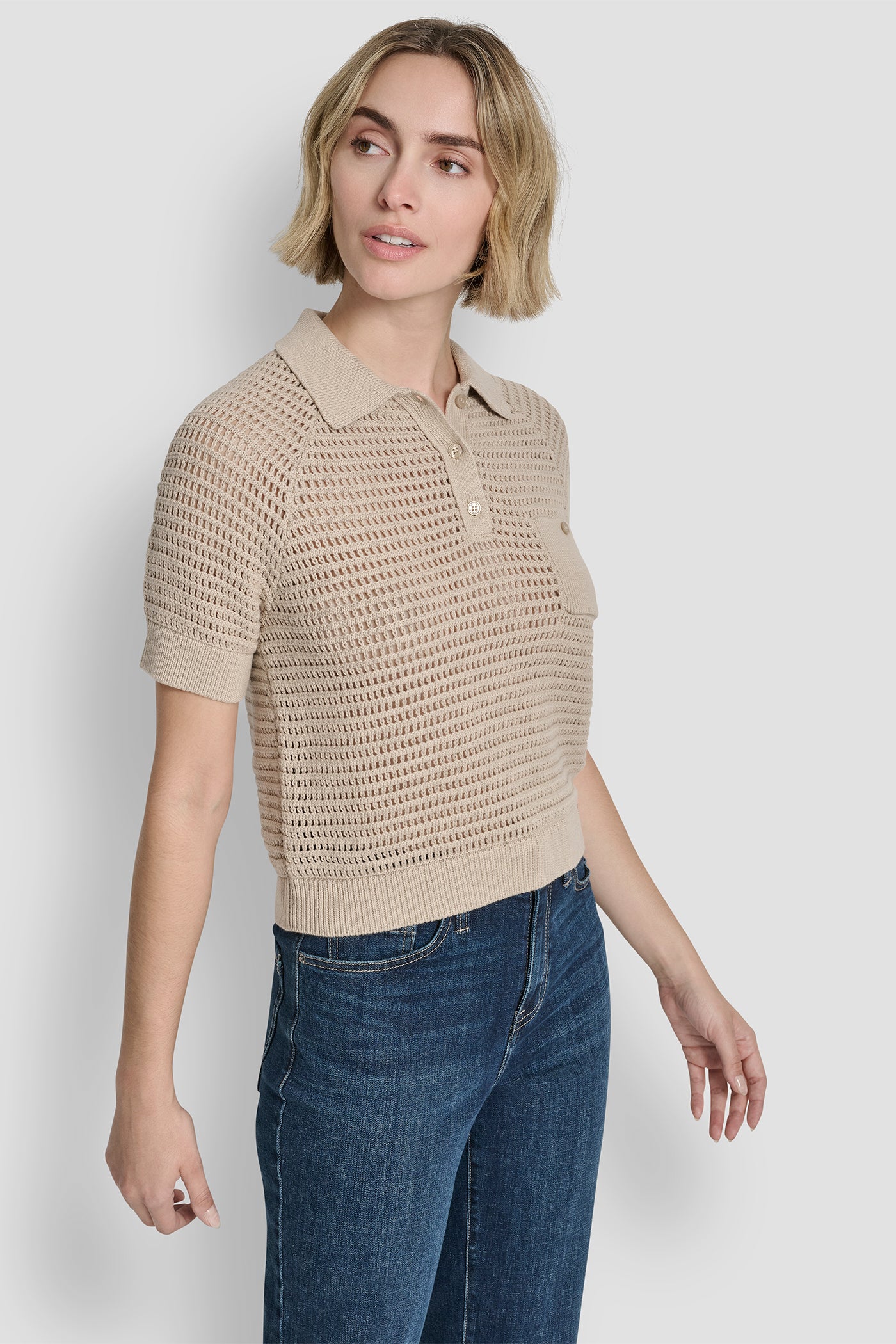 Pebble SHORT SLEEVE CROCHET STITCH POLO, VIEW 2 | DKNY JEANS