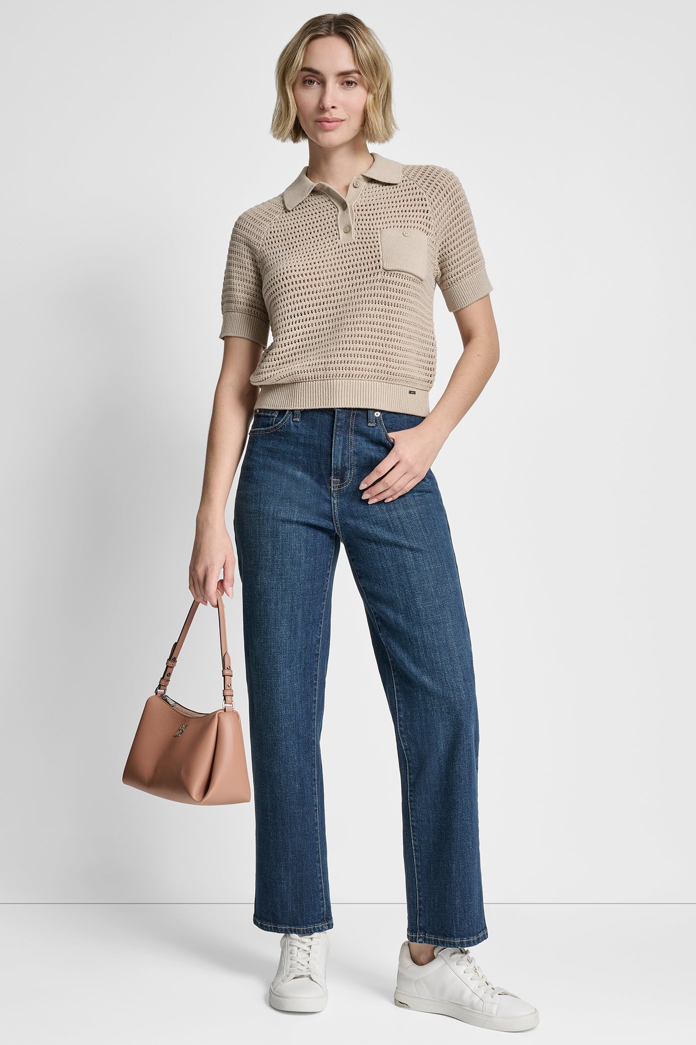 Pebble SHORT SLEEVE CROCHET STITCH POLO, VIEW 1 | DKNY JEANS
