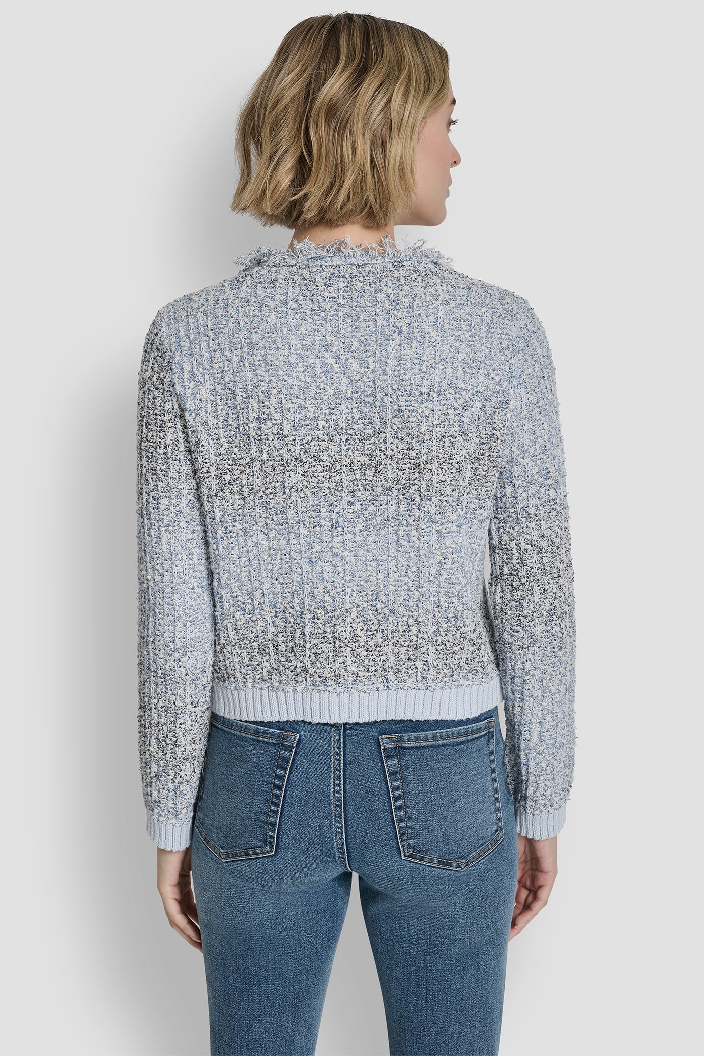 Frost Blue Combo ZIP FRONT TWEED FRINGE SWEATER JACKET, BACK VIEW | All Products