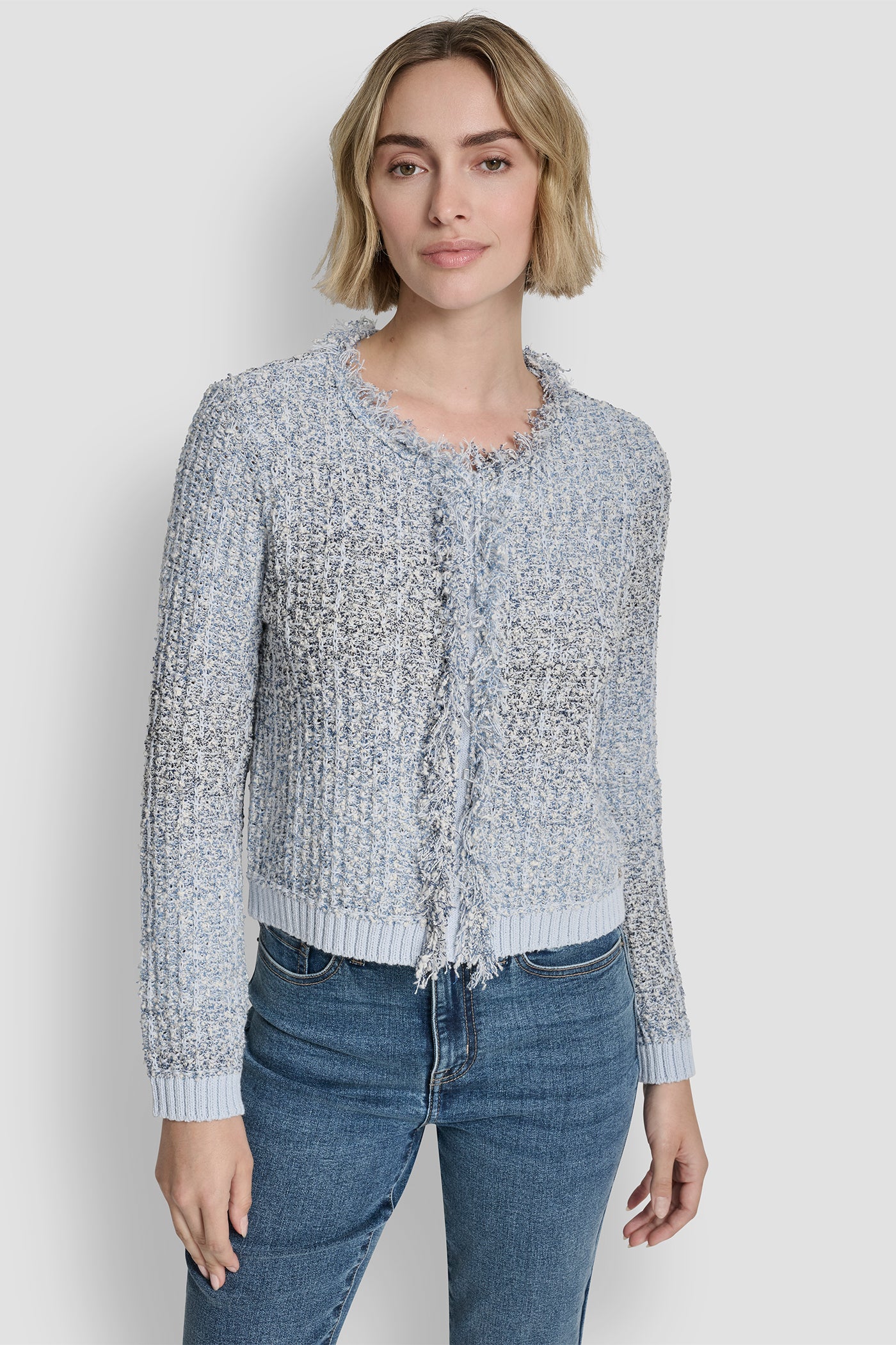 Frost Blue Combo ZIP FRONT TWEED FRINGE SWEATER JACKET, FRONT VIEW | All Products