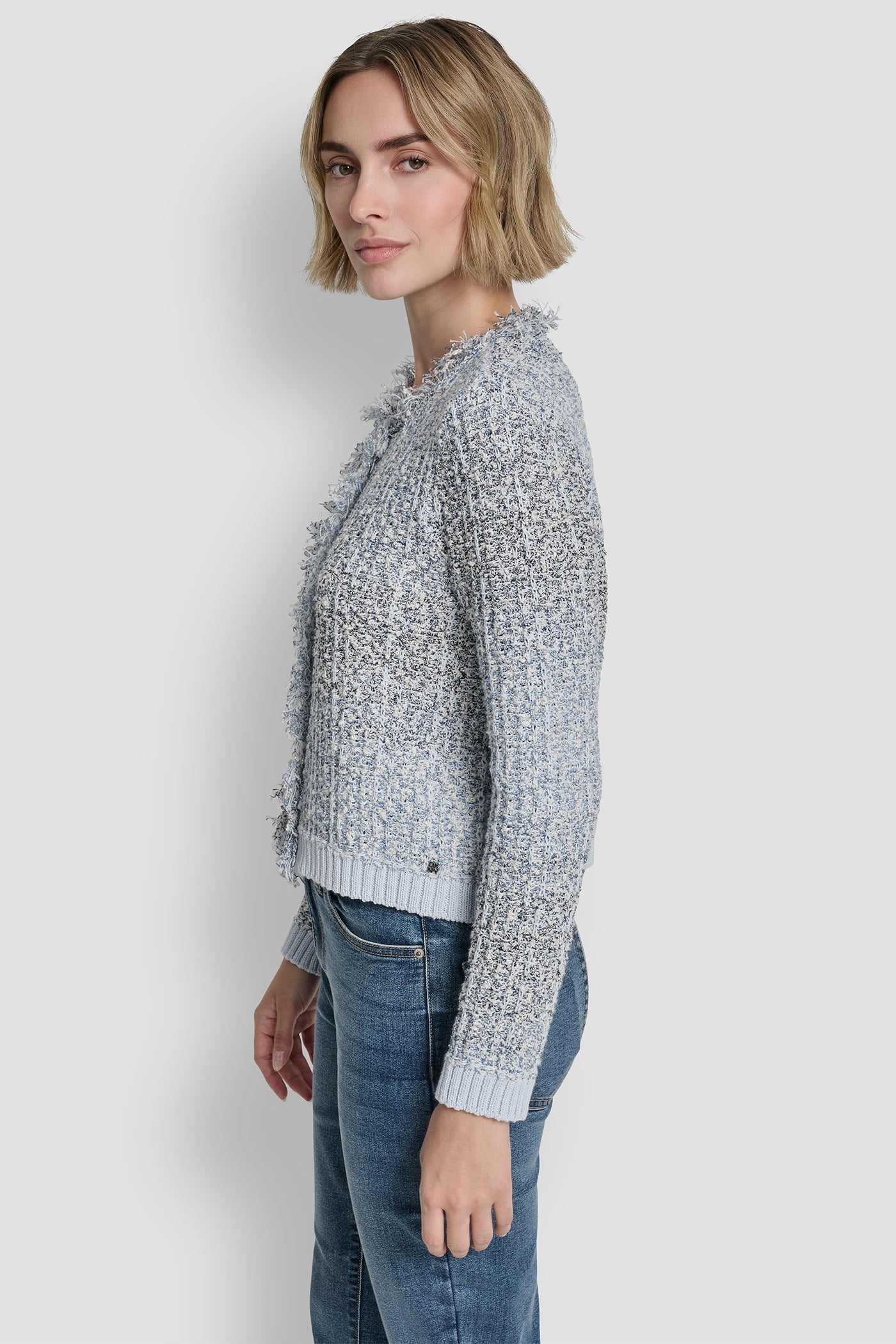 Zip Front Tweed Fringe Sweater Jacket | Cardigan | DKNY