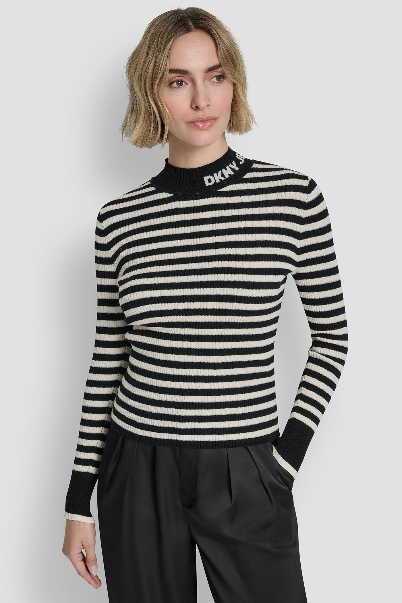 Black/Eggong/Silver MOCK NECK RIB STRIPE LOGO SWEATER, FRONT VIEW | All Products