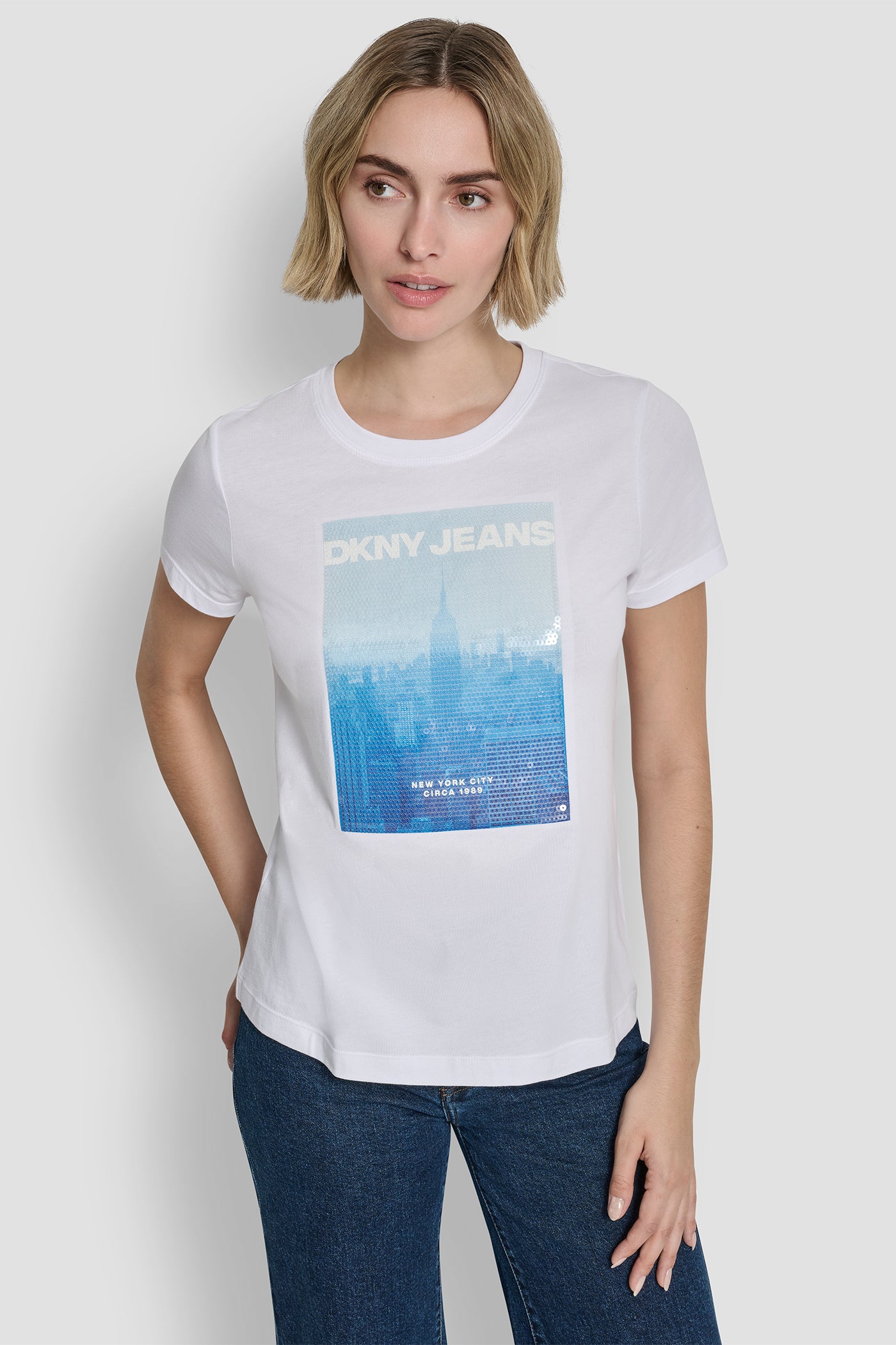 White SEQUIN GRAPHIC LOGO TEE, FRONT VIEW | Tees & Tanks