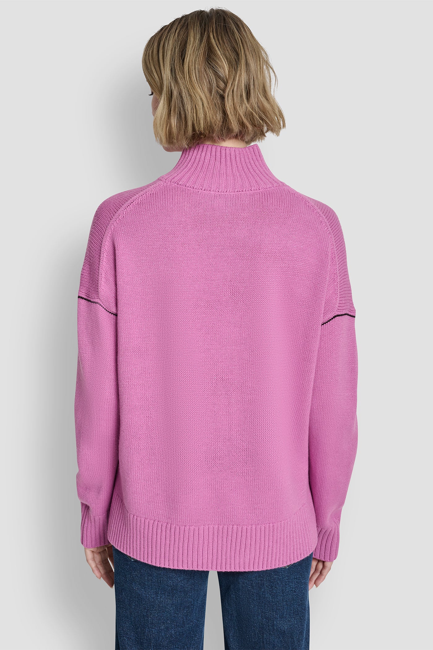 CROCUS/BLACK LOGO TURTLENECK HIGH LOW SWEATER, BACK VIEW | WOMEN'S SWEATERS & TOPS
