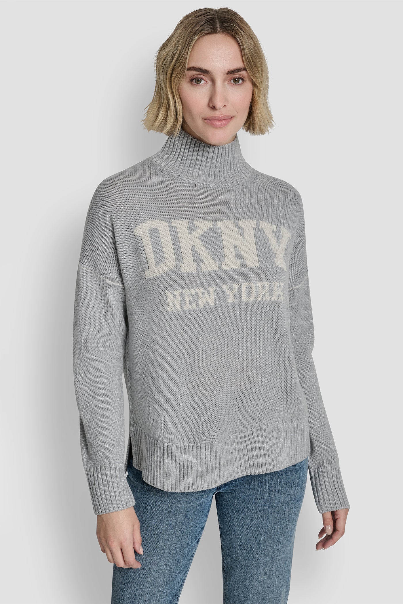 SKY GREY HEATHER/EGGNOG LOGO TURTLENECK HIGH LOW SWEATER, FRONT VIEW | Gifts Under $50