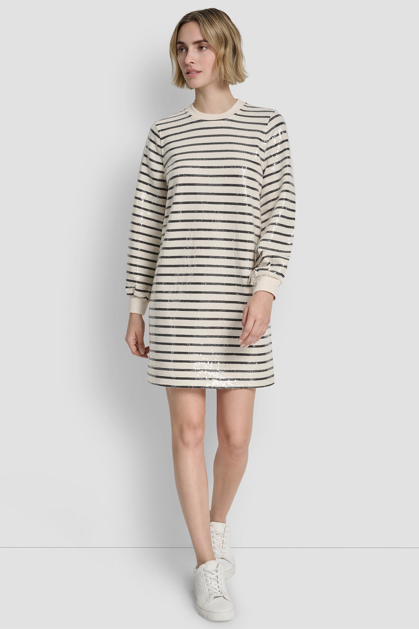 Beige SEQUIN PLEATED SWEATSHIRT DRESS, VIEW 1 | SALE CLOTHING