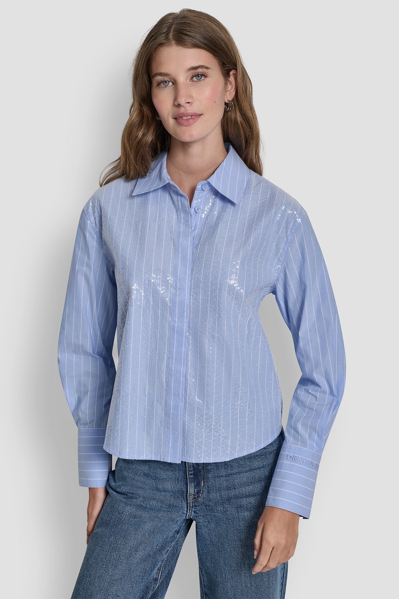 Chambray/White POPLIN BUTTON FRONT SHIRT WITH SEQUINS, FRONT VIEW | DKNY25