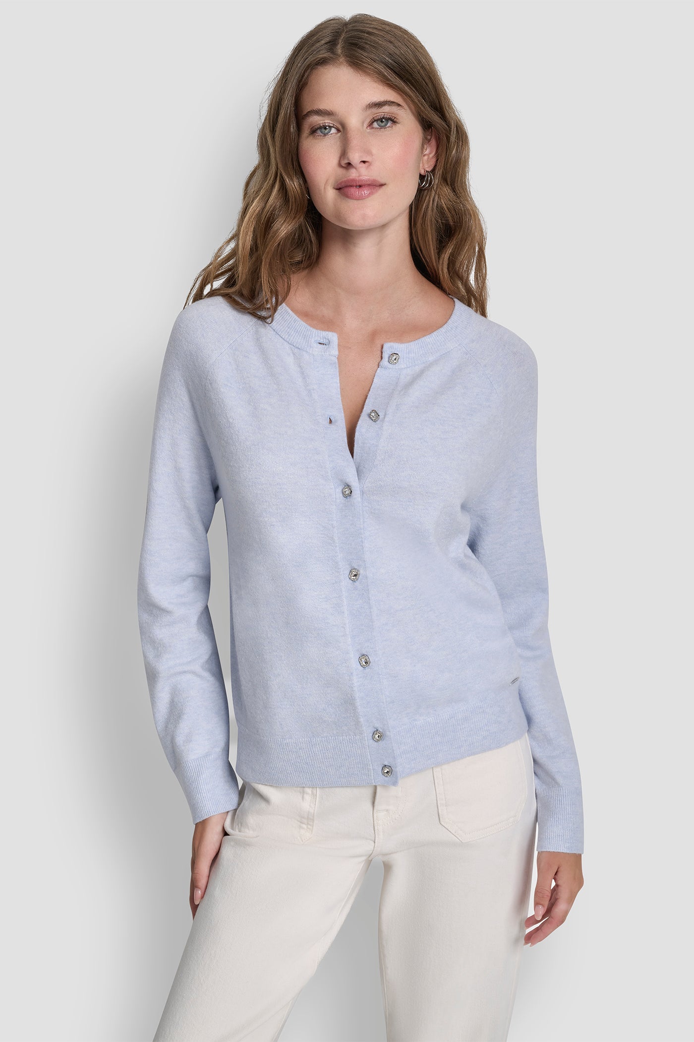 Blue LONG SLEEVE CARDIGAN W RHINESTONE BUTTONS, FRONT VIEW | SELECT STYLES