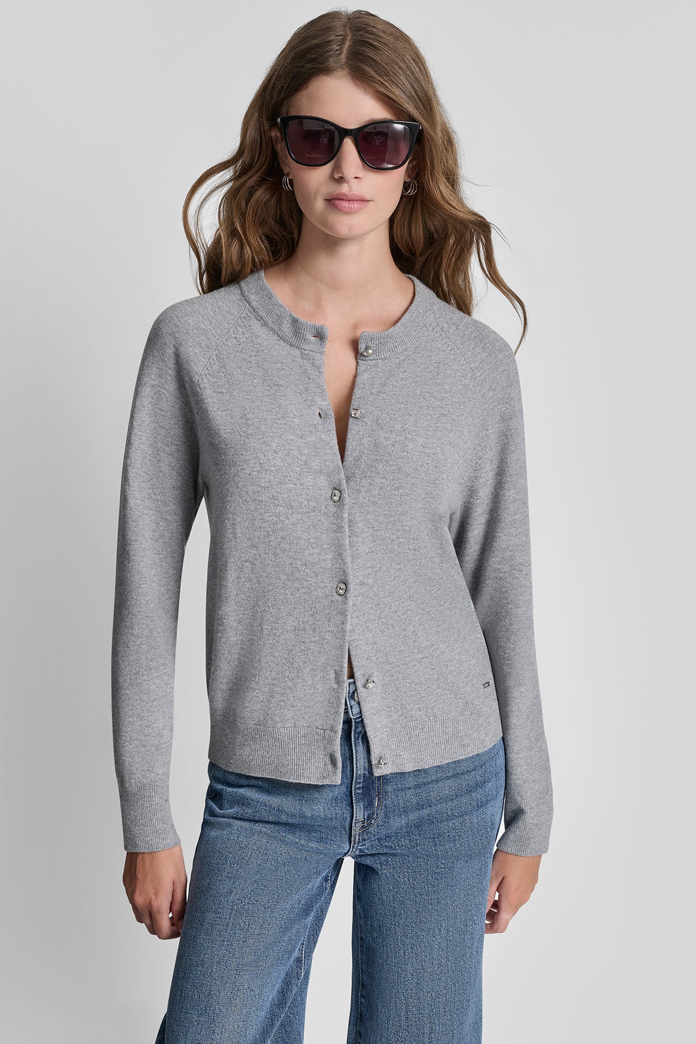 Grey LONG SLEEVE CARDIGAN W RHINESTONE BUTTONS, VIEW 1 | SELECT STYLES