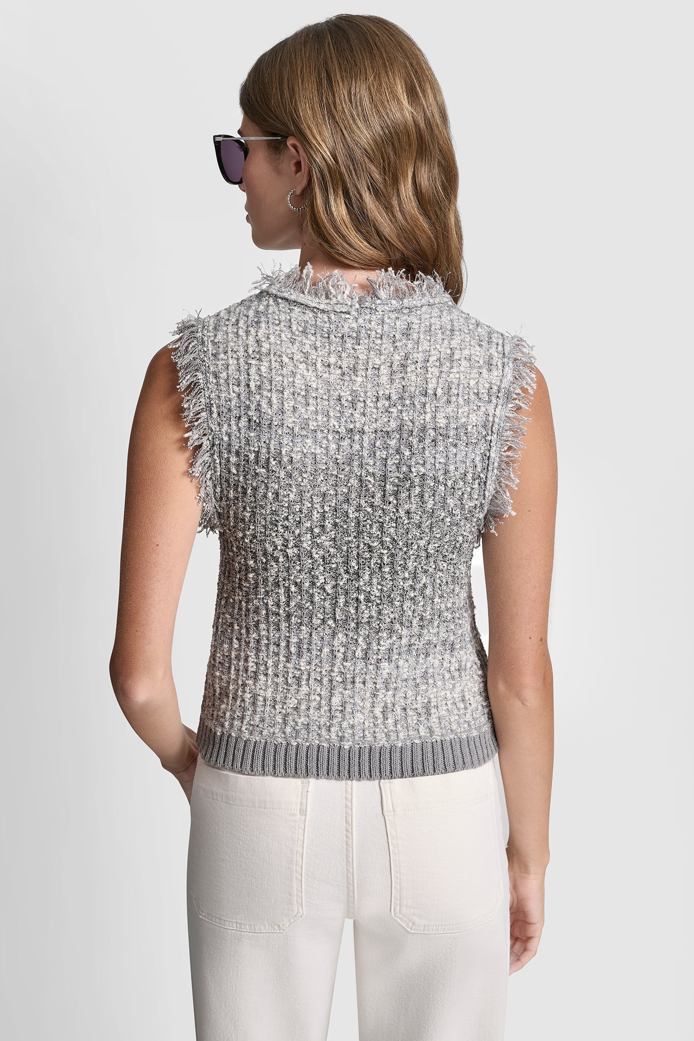 Sky Grey Heather TWEED FRINGE SWEATER WITH LOGO CHARM, VIEW 2 | Metallic Moments