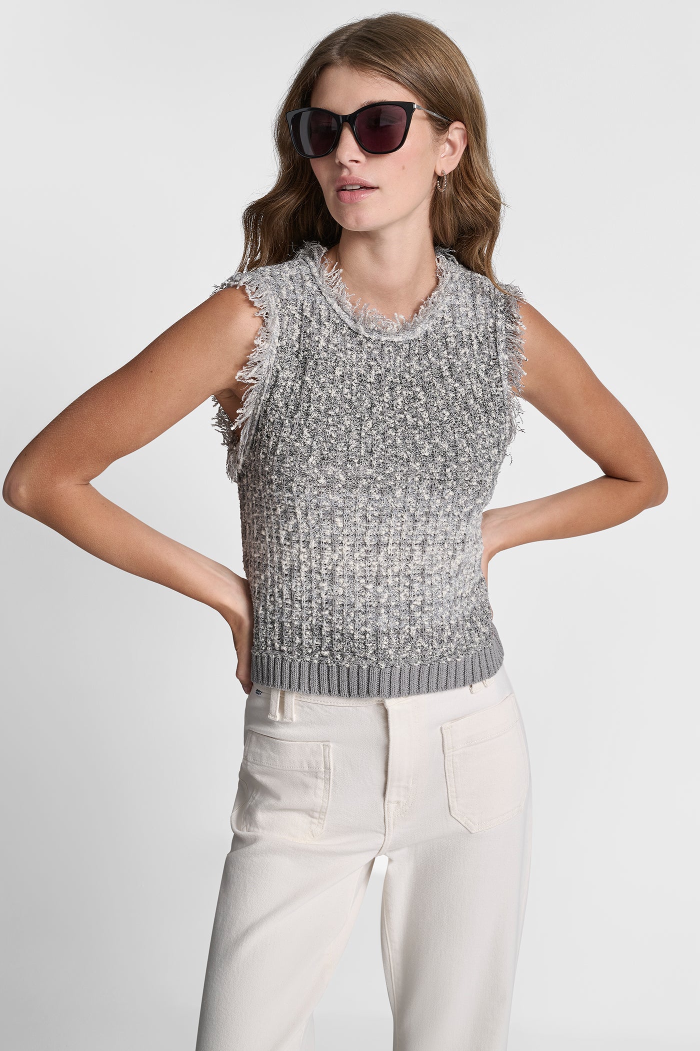Sky Grey Heather TWEED FRINGE SWEATER WITH LOGO CHARM, VIEW 1 | Metallic Moments