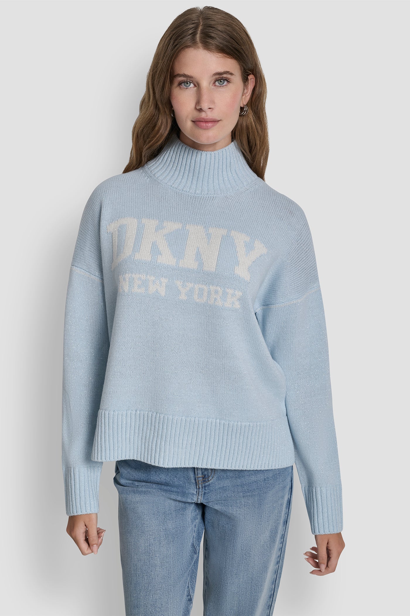 Moonstone/Ivory LOGO TURTLENECK HIGH LOW SWEATER, FRONT VIEW | DKNY Promo