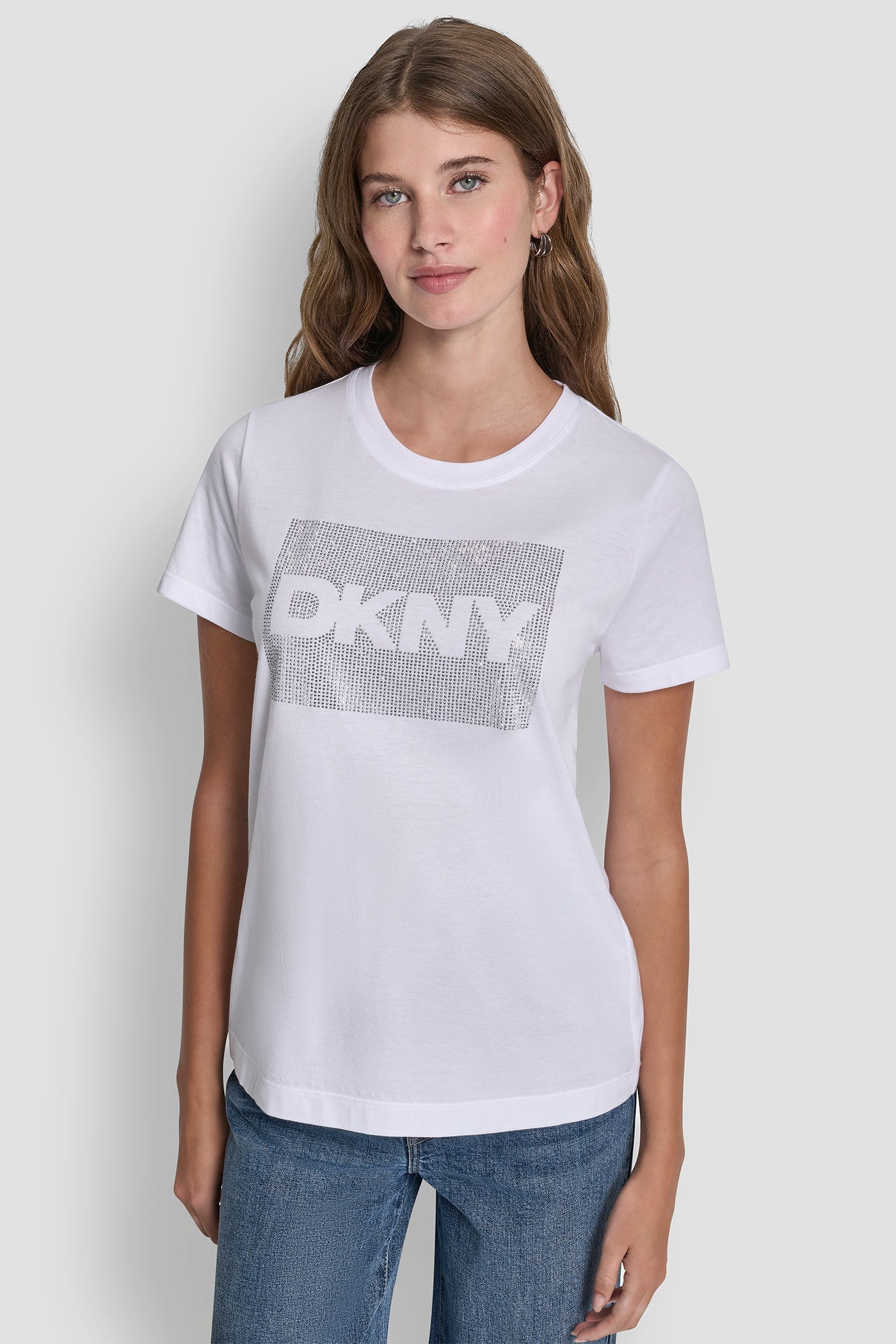 White DKNY BOX RHINESTONE LOGO TEE, VIEW 1 | Tees & Tanks
