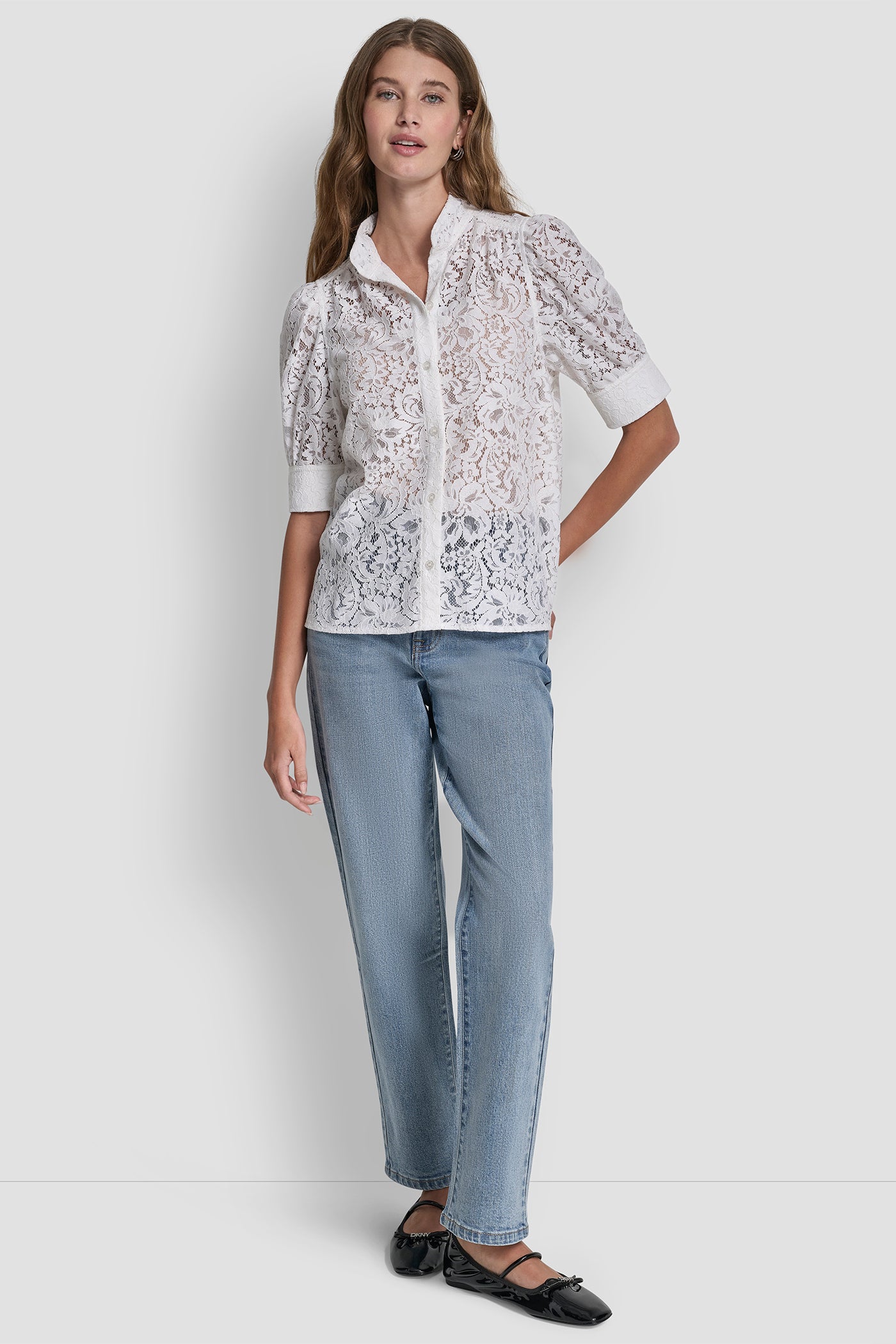 IVORY LACE PUFF SLEEVE SHIRT, BACK VIEW | DKNY JEANS