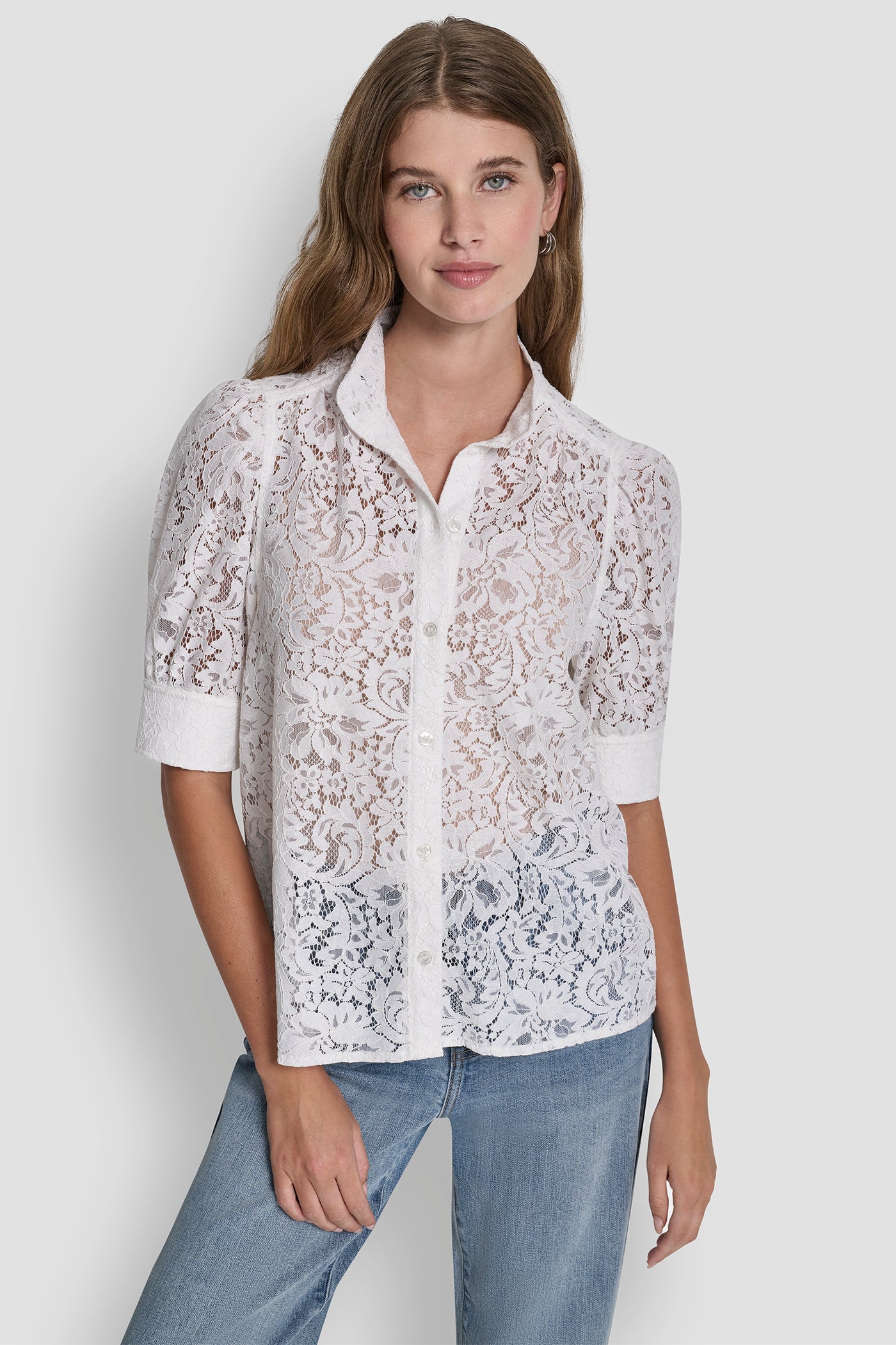 IVORY LACE PUFF SLEEVE SHIRT, FRONT VIEW | DKNY JEANS