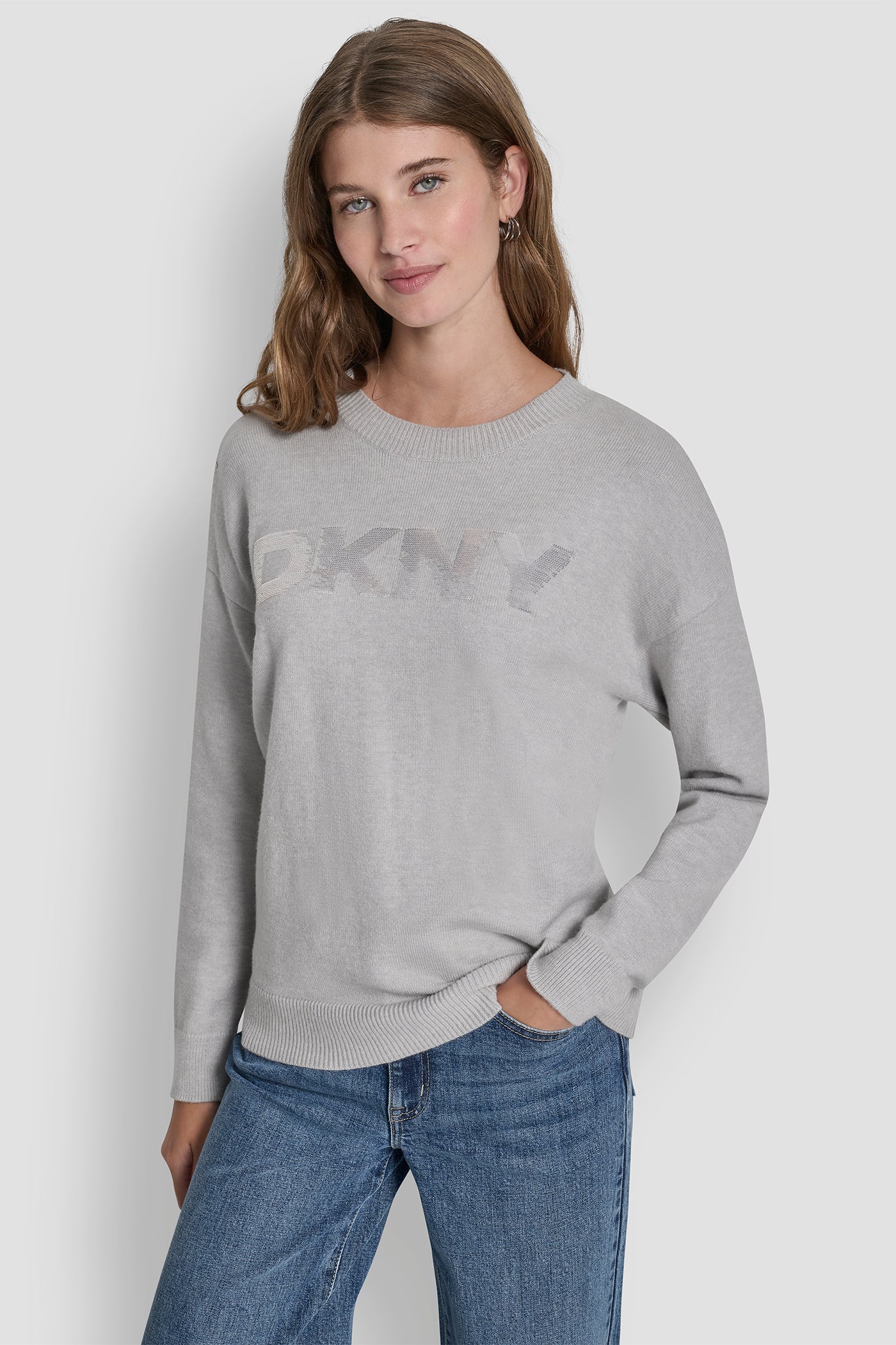 Sky Grey Heather SEQUIN LOGO EMBELLISHED SWEATER, FRONT VIEW | DKNY25
