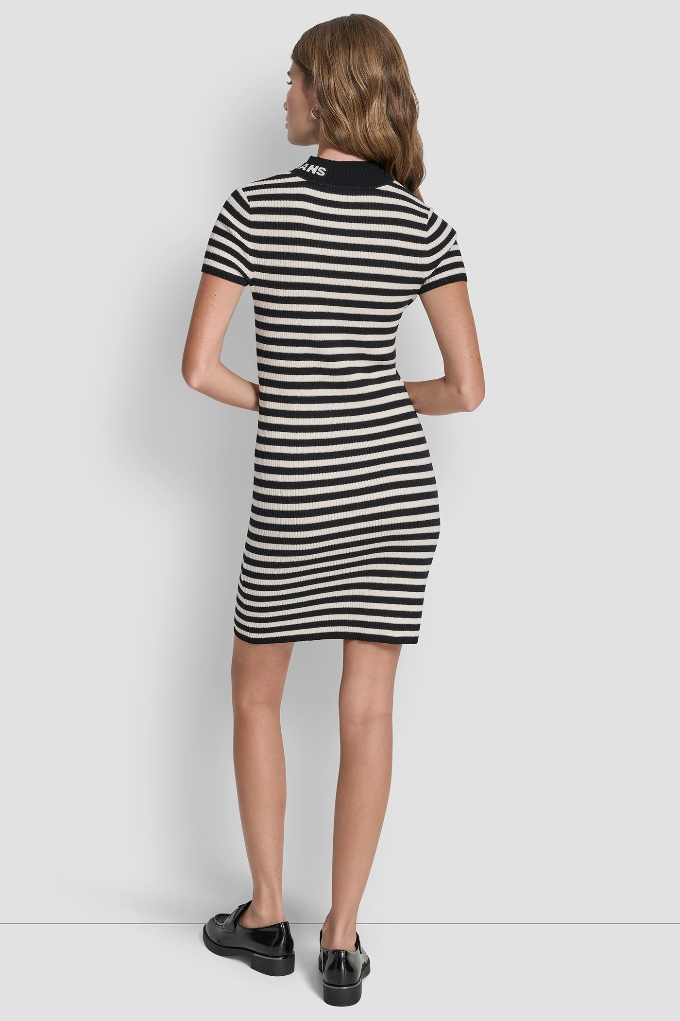 Black/Eggnog/Silver LUREX STRIPE MOCK NECK LOGO DRESS, VIEW 2 | Dresses & Jumpsuits