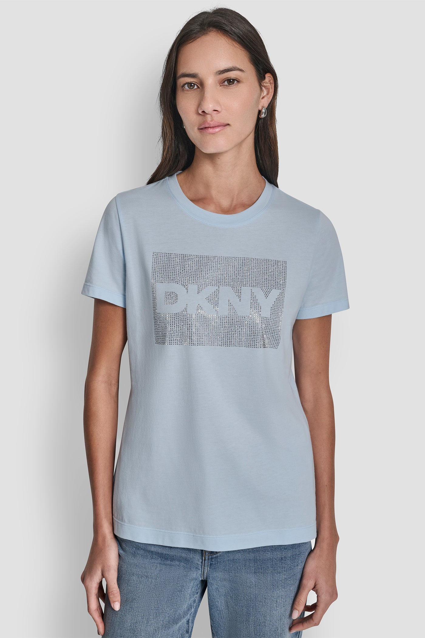 Moonstone DKNY BOX RHINESTONE LOGO TEE, FRONT VIEW | Tees & Tanks