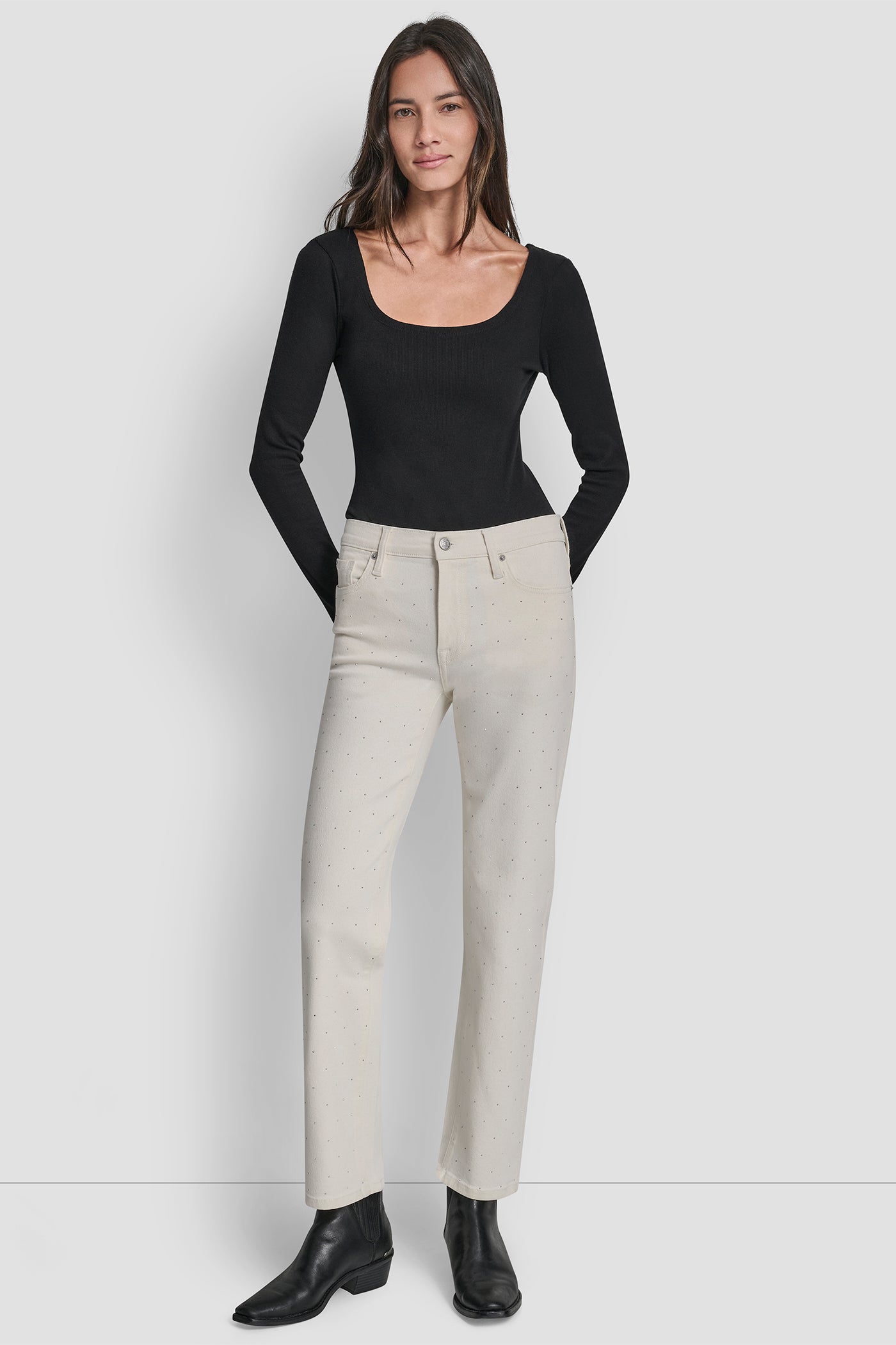 MID RISE CLASSIC STRAIGHT WITH MINI RHINESTONES VIEW 7 | DKNY JEANS