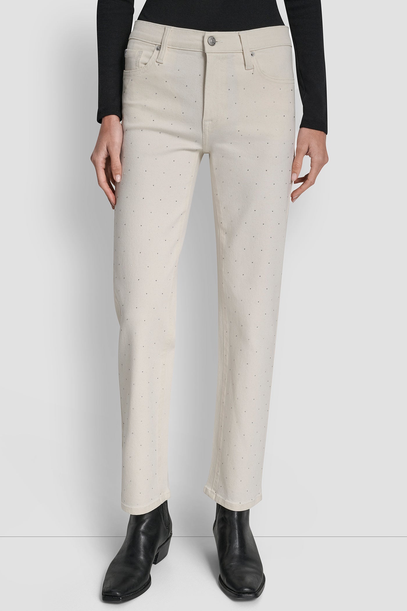 Beige MID RISE CLASSIC STRAIGHT WITH MINI RHINESTONES, FRONT VIEW | Pants & Denim