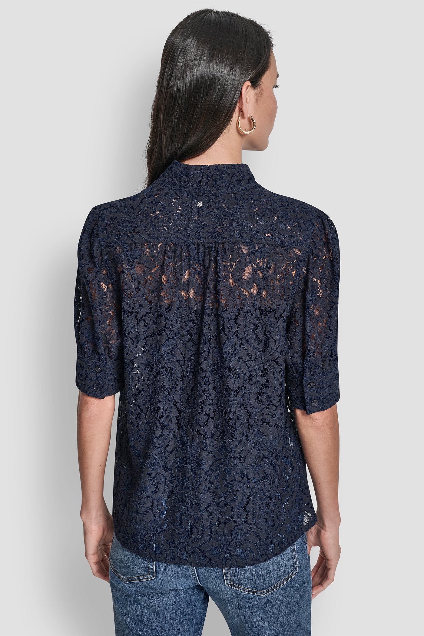 Peacoat LACE PUFF SLEEVE SHIRT, BACK VIEW | DKNY JEANS