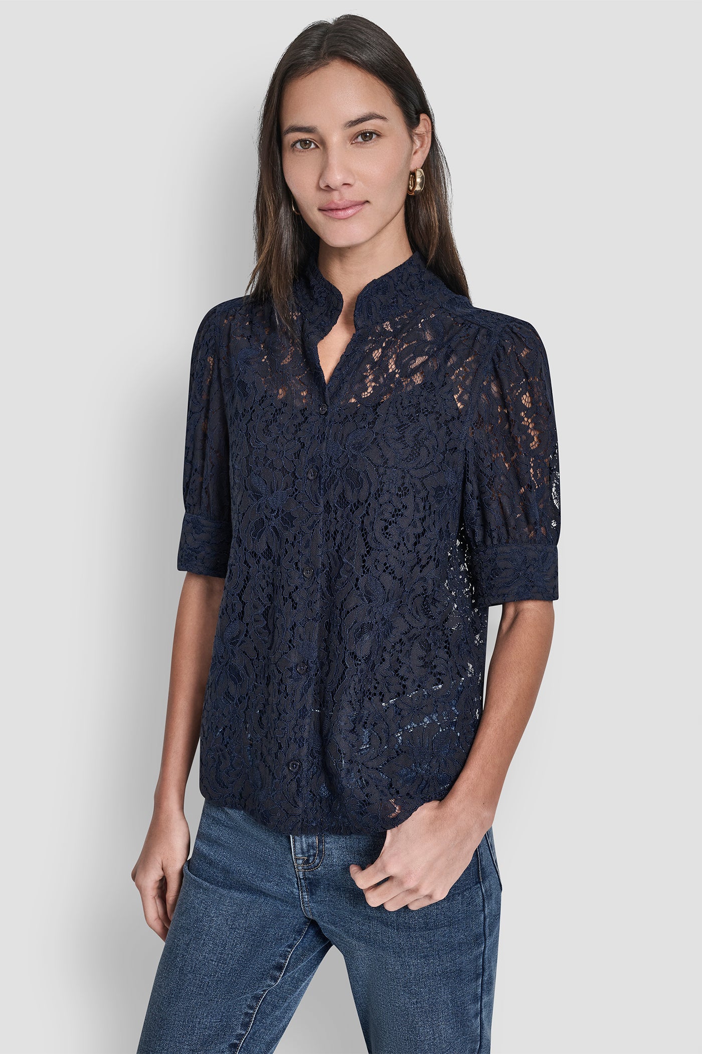 Peacoat LACE PUFF SLEEVE SHIRT, FRONT VIEW | DKNY JEANS