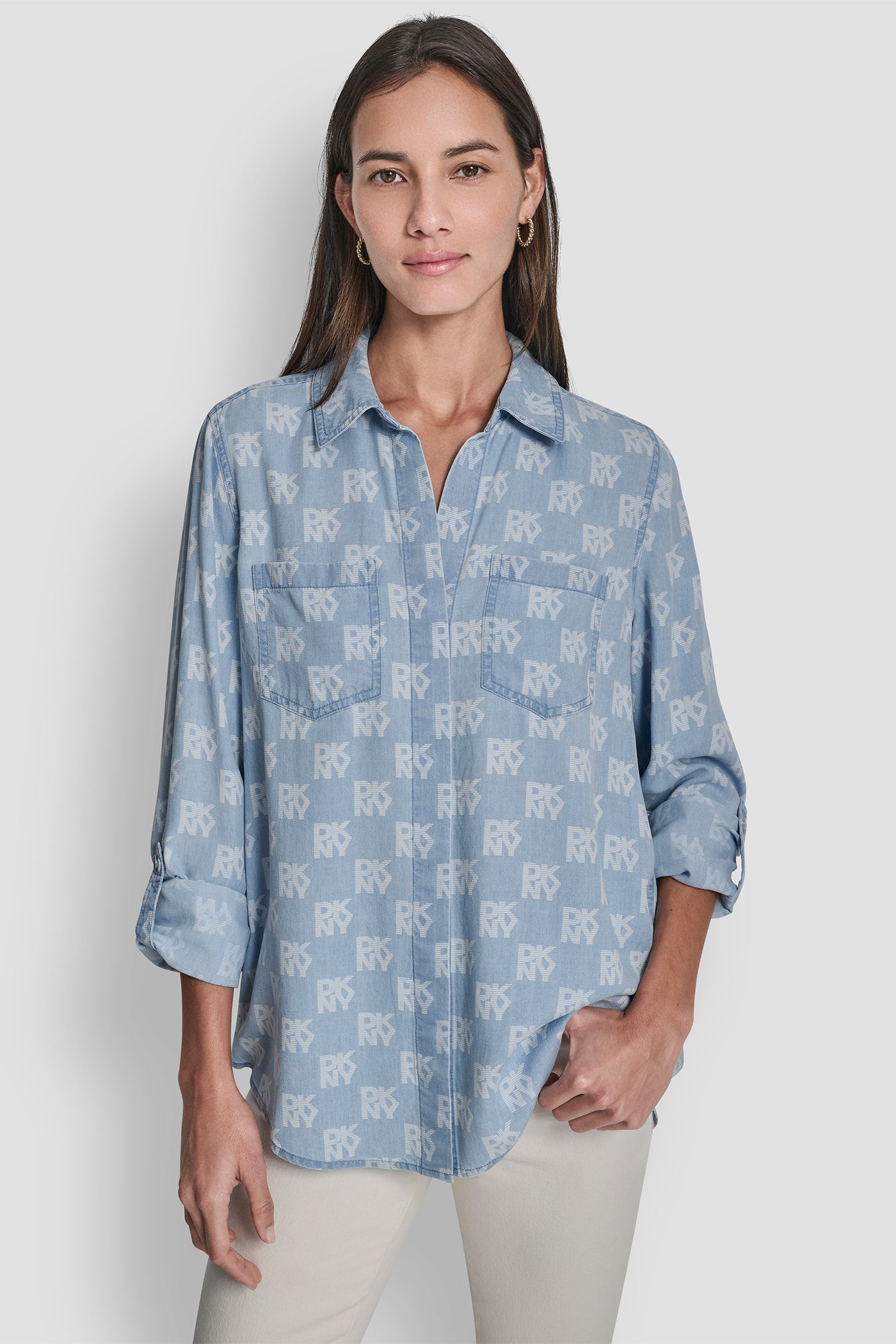 Stacked Logo Print SPLIT BACK BUTTON FRONT WITH ROLL TAB, VIEW 1 | WOMEN'S SWEATERS & TOPS