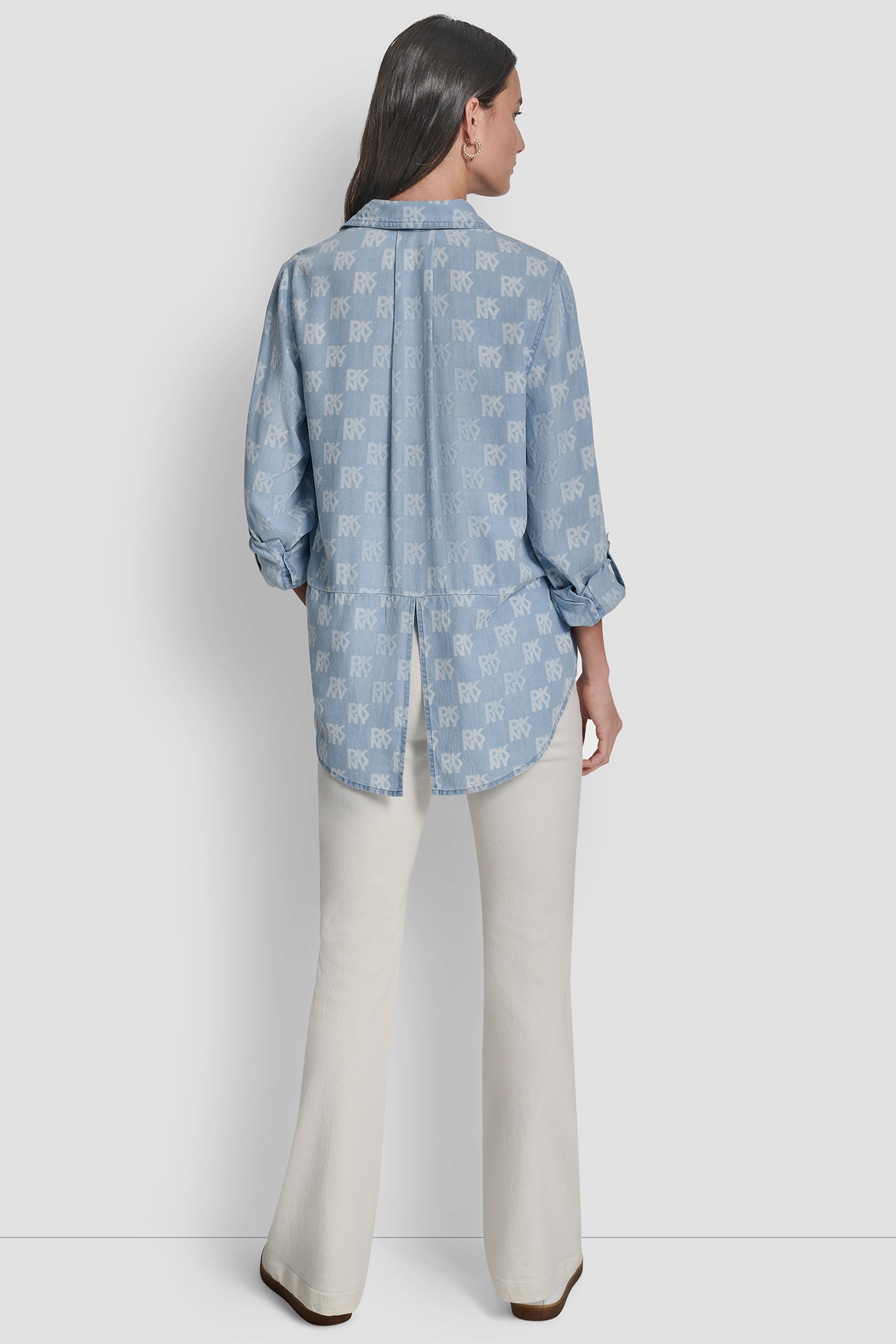 Stacked Logo Print SPLIT BACK BUTTON FRONT WITH ROLL TAB, VIEW 2 | WOMEN'S SWEATERS & TOPS