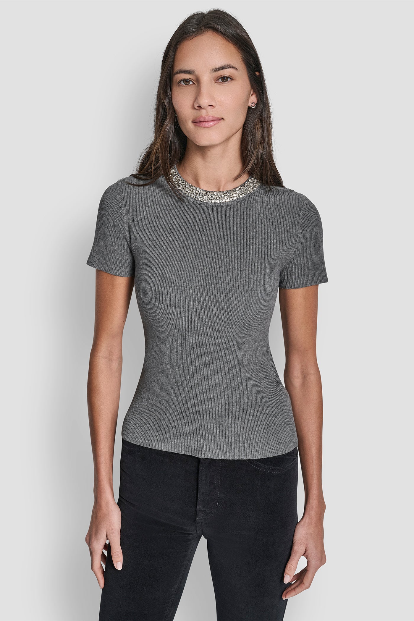 Grey SWEATER WITH EMBELLISHED NECKLINE, FRONT VIEW | DKNY JEANS