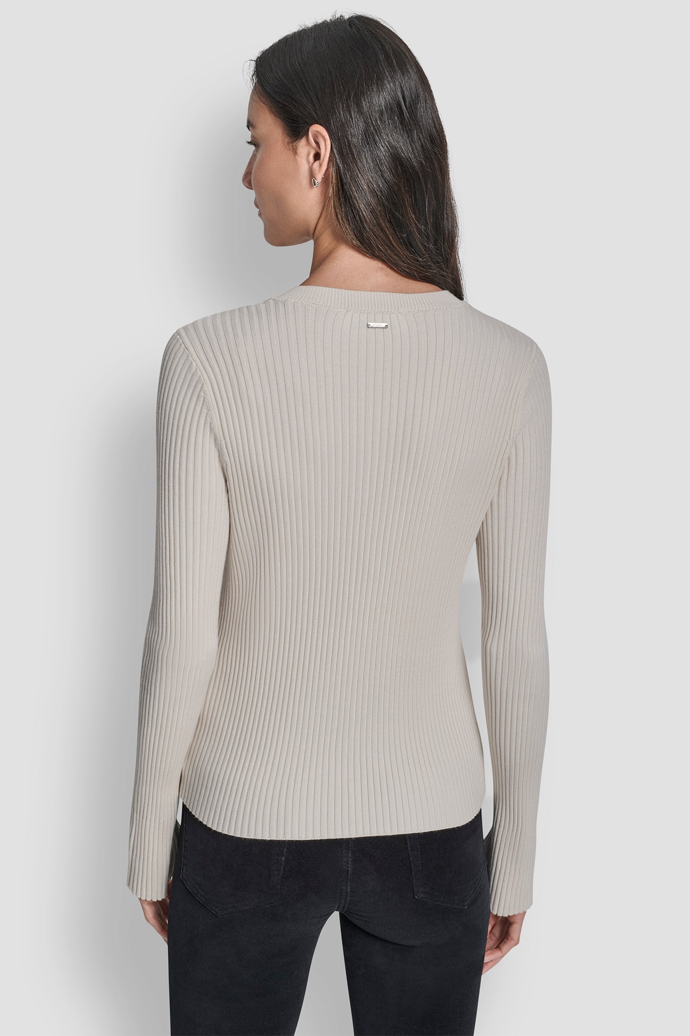 White FLARE SLEEVE CARDIGAN WITH RHINESTONE BUTTON, BACK VIEW | DKNY JEANS