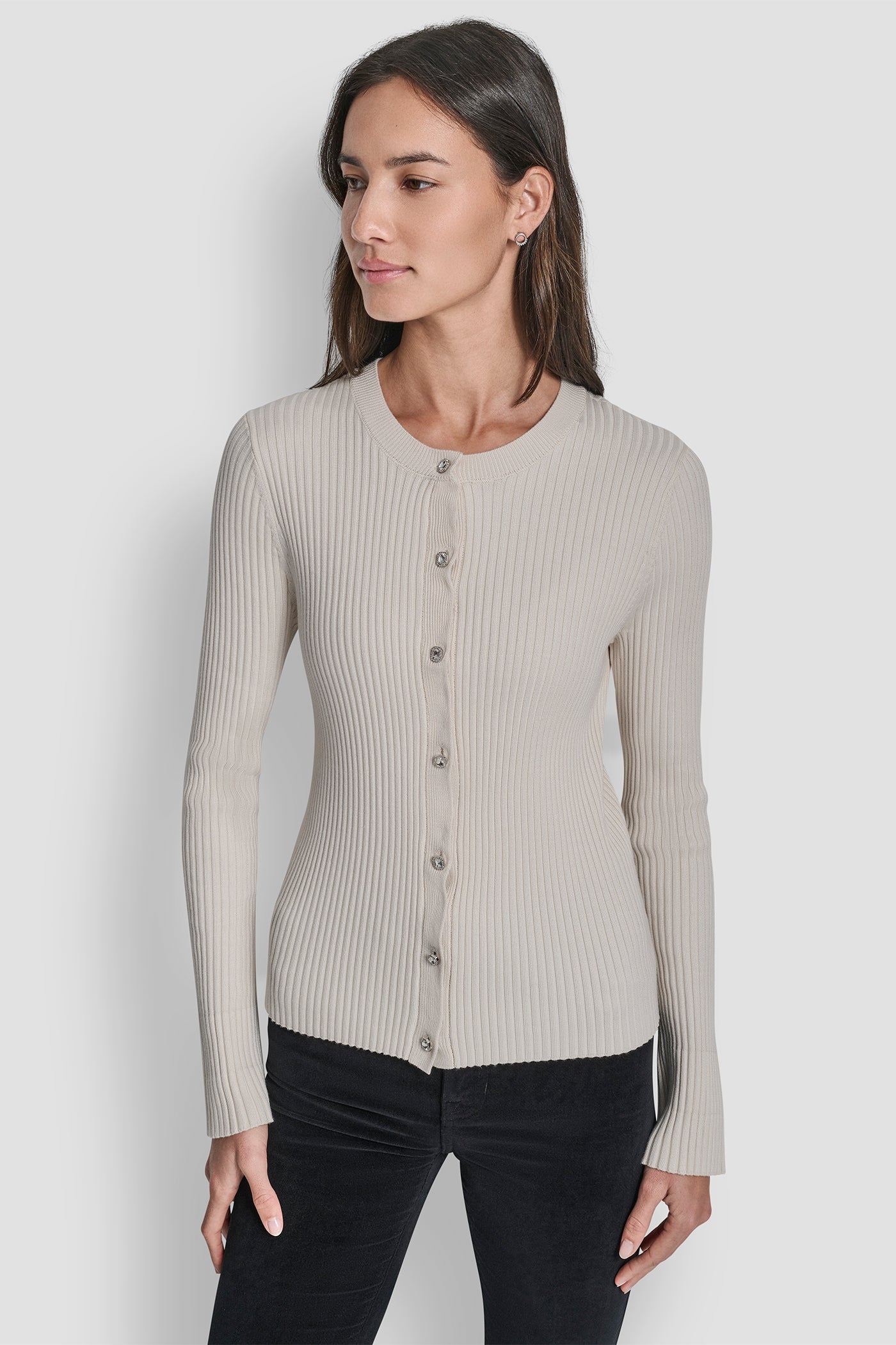 White FLARE SLEEVE CARDIGAN WITH RHINESTONE BUTTON, FRONT VIEW | DKNY JEANS