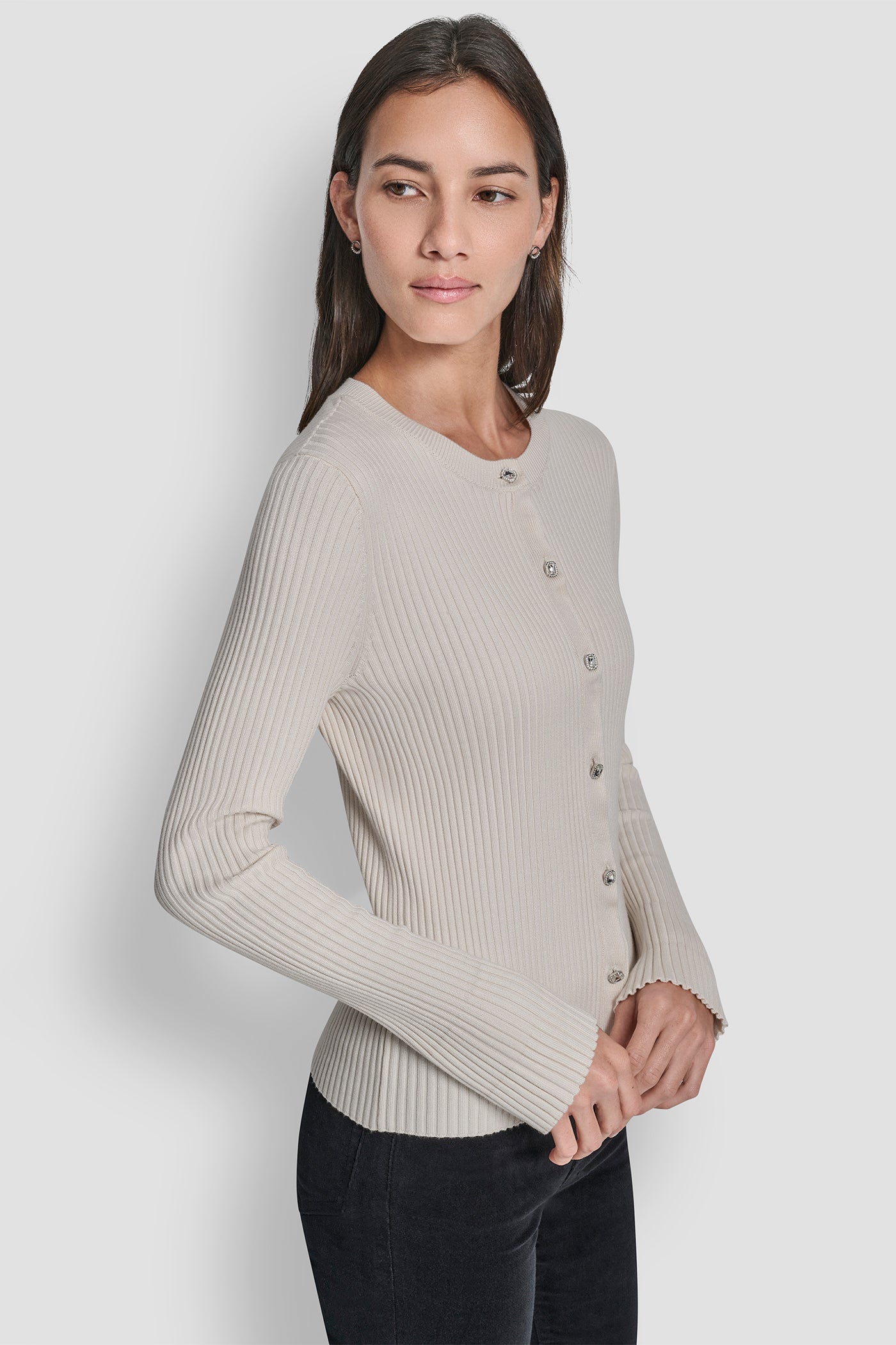 FLARE SLEEVE CARDIGAN WITH RHINESTONE BUTTON VIEW 3 | DKNY JEANS