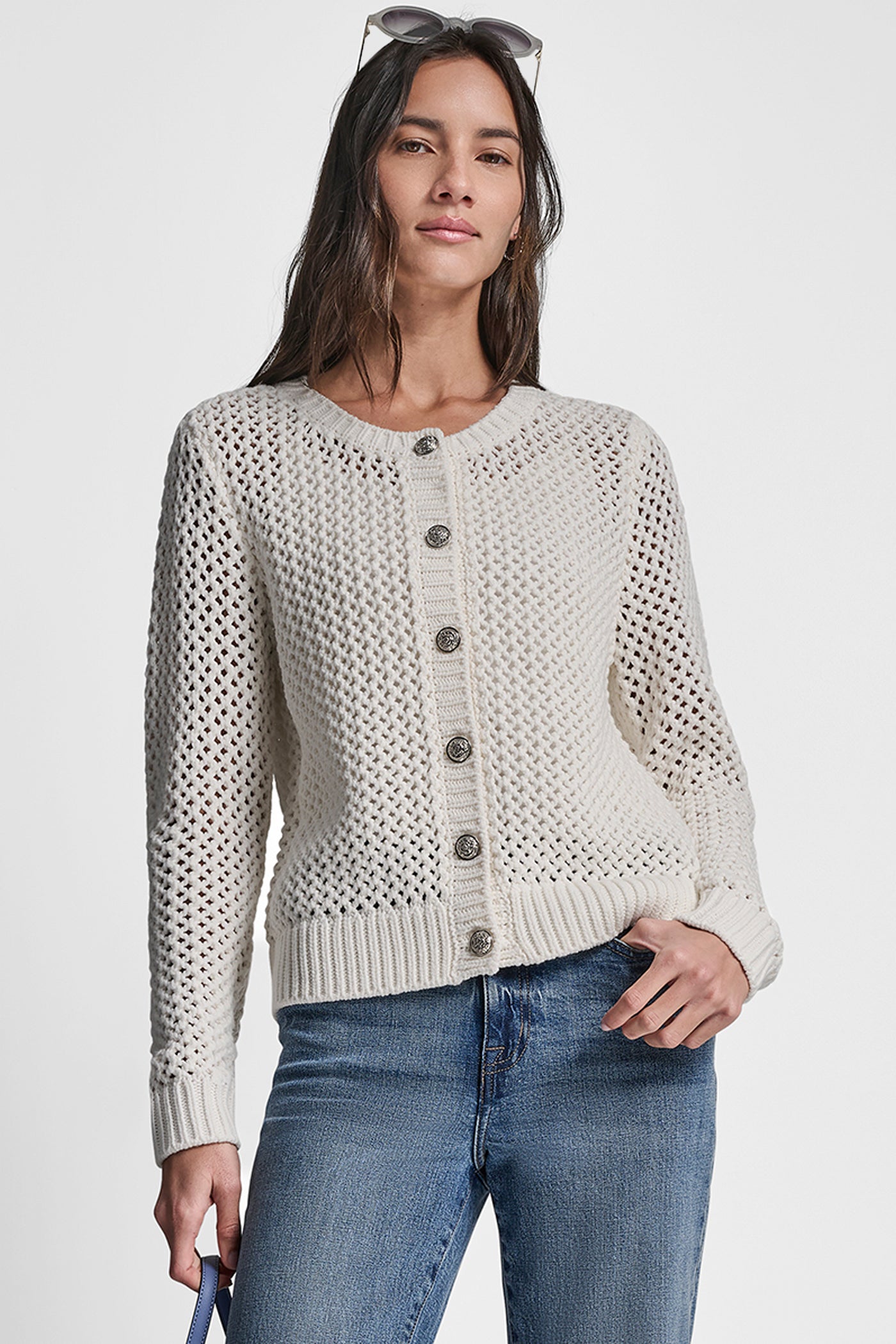IVORY/SILVER TEXTURED BUTTON FRONT SWEATER JACKET, VIEW 1 | DKNY Promo
