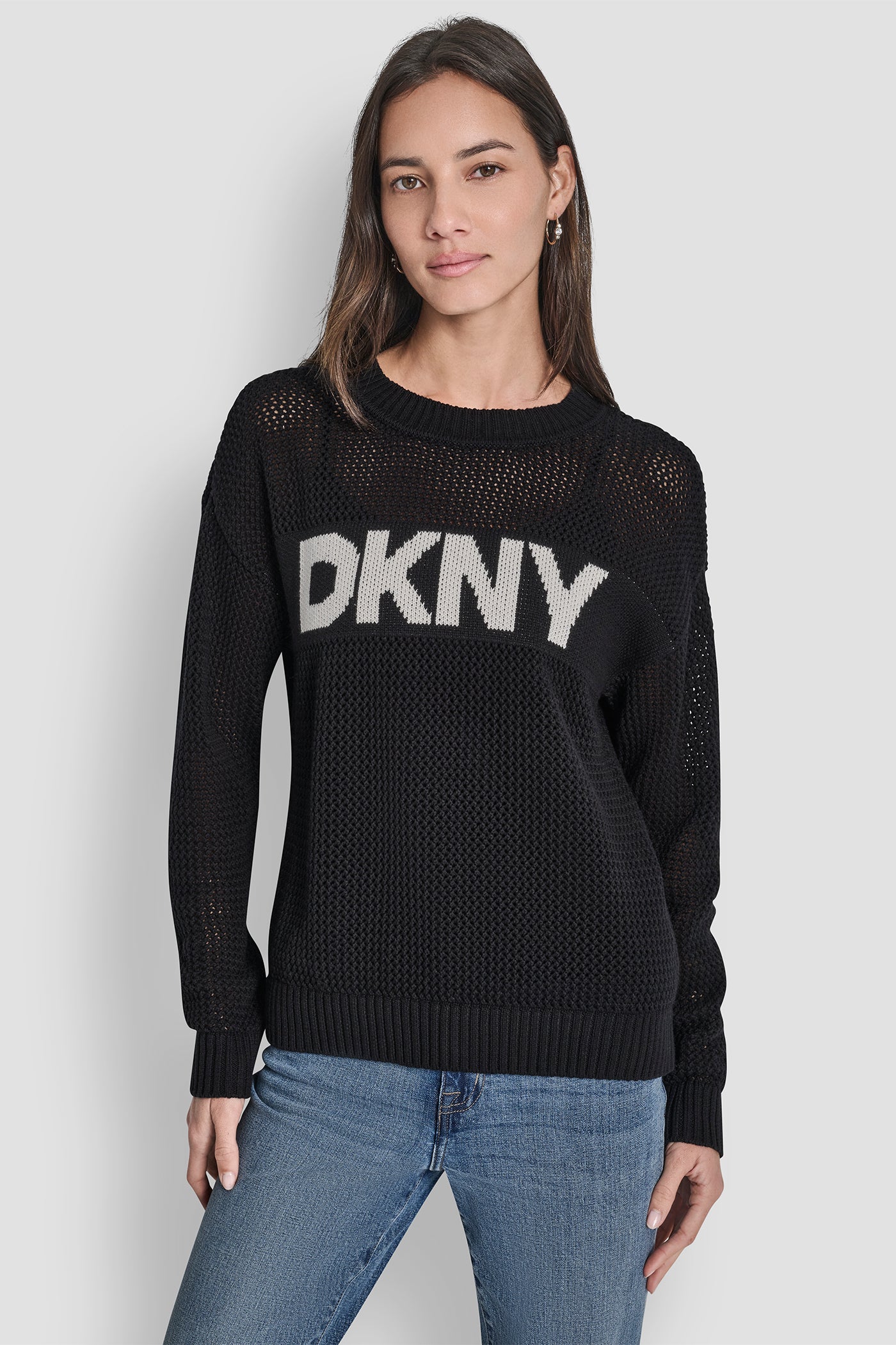 Black CREW NECK POINTELLE LOGO SWEATER, FRONT VIEW | DKNY JEANS