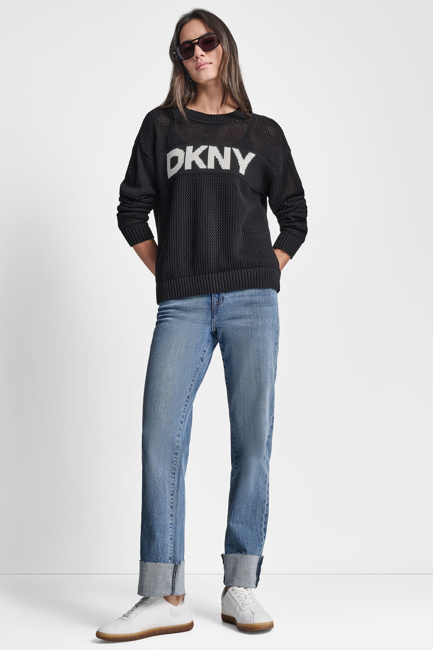 Crew Neck Pointelle Logo Sweater | Sweater | DKNY