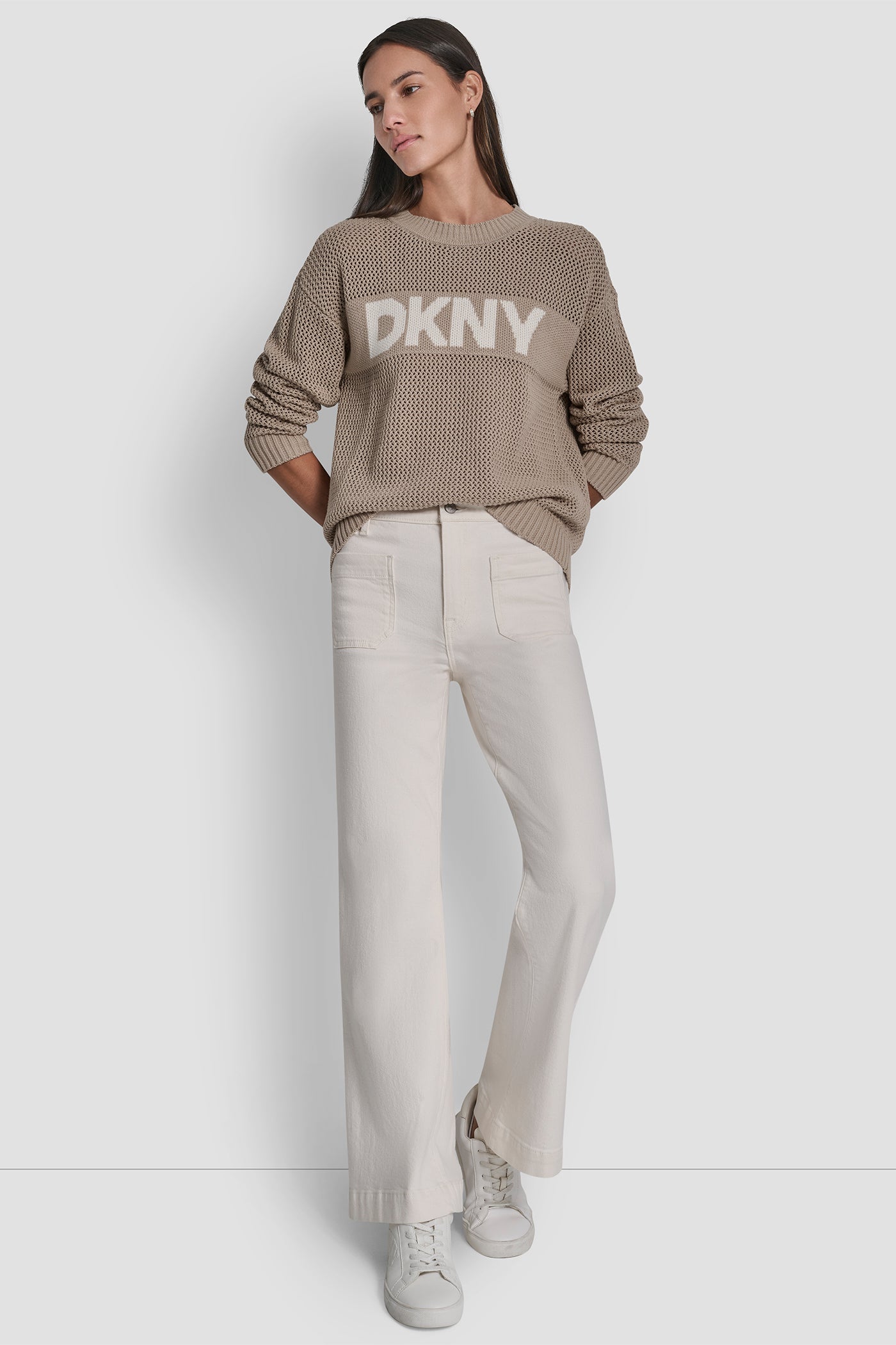 CREW NECK POINTELLE LOGO SWEATER VIEW 3 | WOMEN'S SWEATERS & TOPS