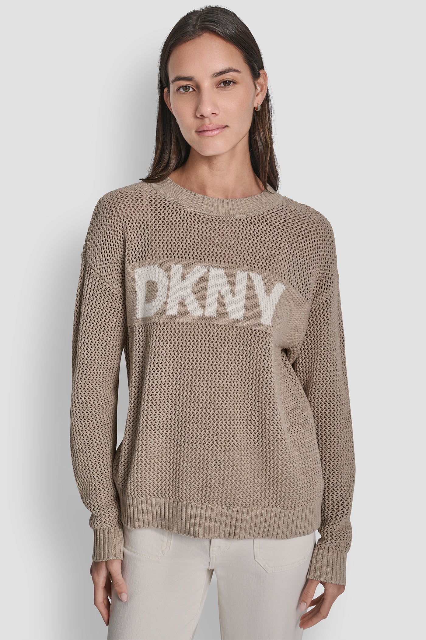 Pebble CREW NECK POINTELLE LOGO SWEATER, FRONT VIEW | DKNY JEANS
