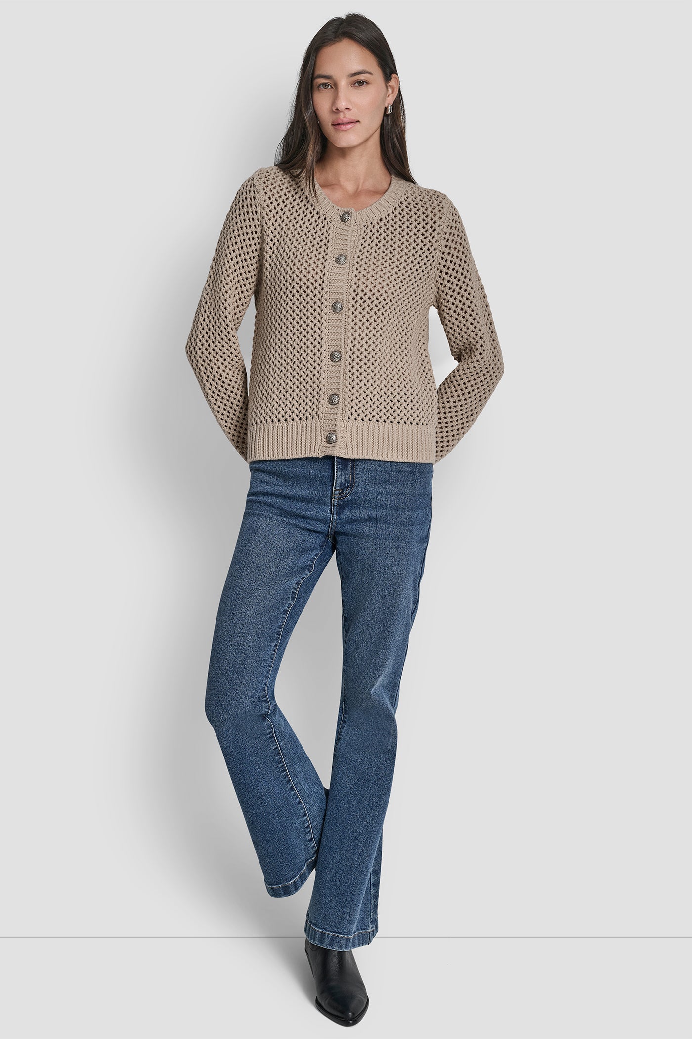 TEXTURED BUTTON FRONT SWEATER JACKET VIEW 3 | DKNY Promo