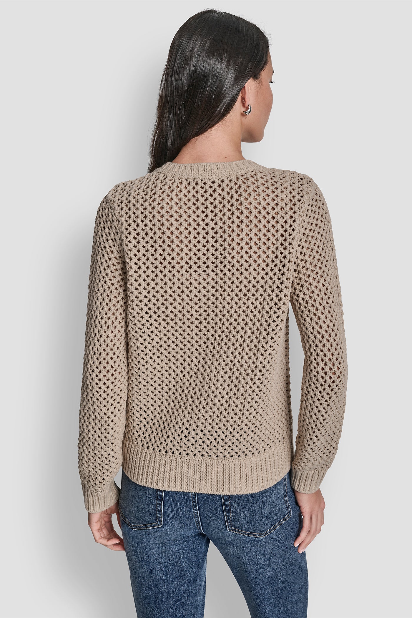 PEBBLE/SILVER TEXTURED BUTTON FRONT SWEATER JACKET, BACK VIEW | DKNY Promo