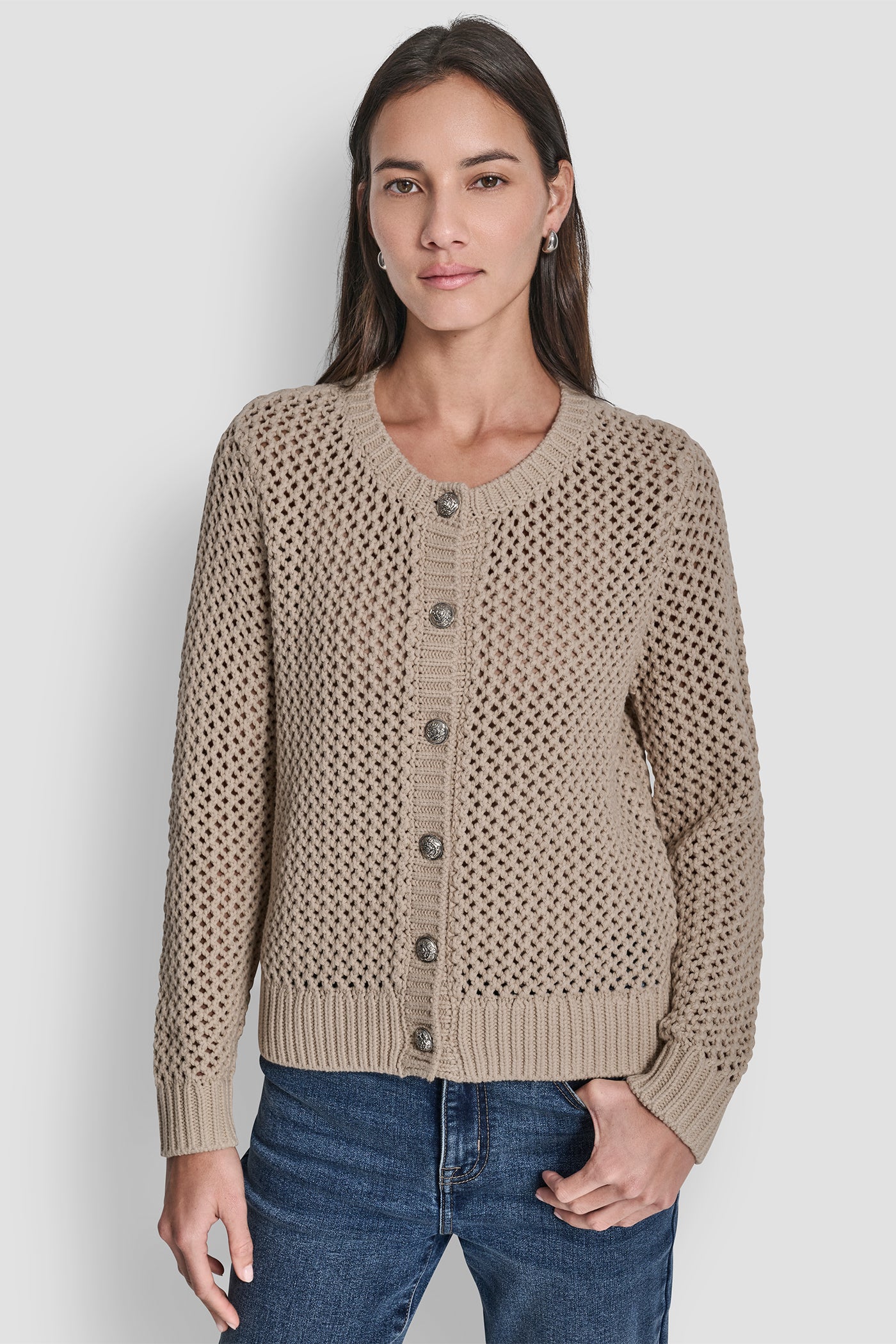 PEBBLE/SILVER TEXTURED BUTTON FRONT SWEATER JACKET, FRONT VIEW | DKNY Promo