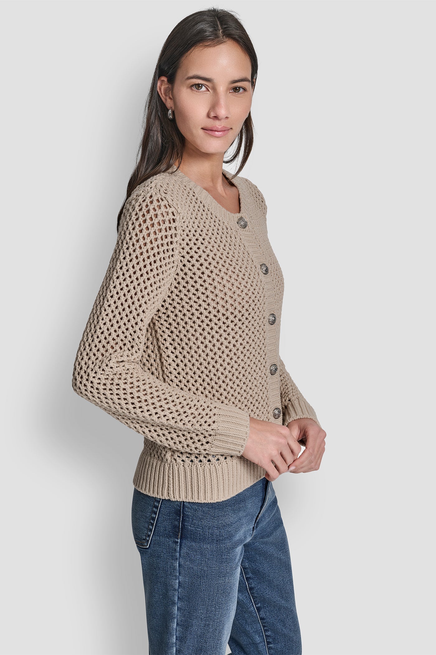 TEXTURED BUTTON FRONT SWEATER JACKET VIEW 4 | DKNY Promo