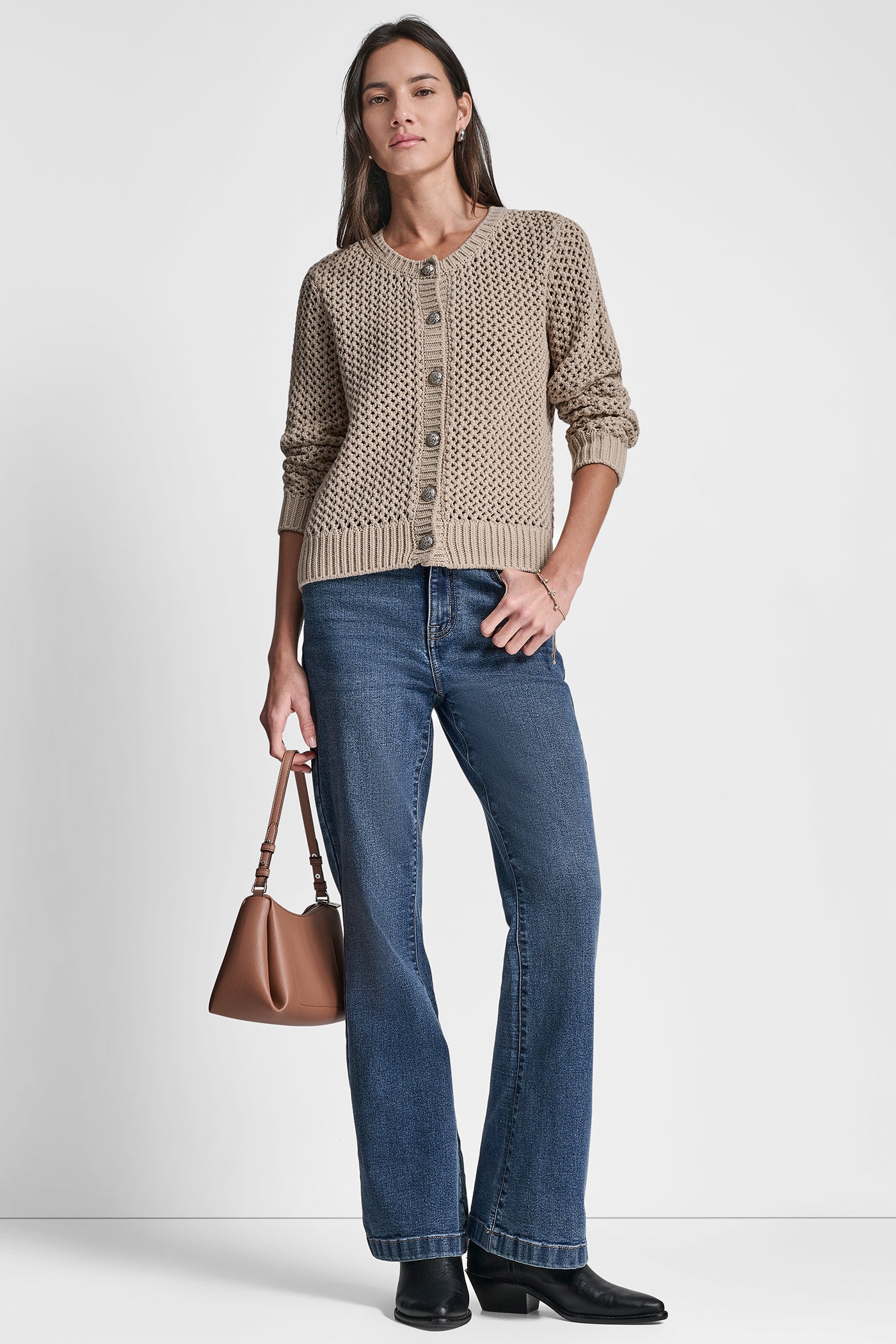 TEXTURED BUTTON FRONT SWEATER JACKET VIEW 5 | DKNY Promo