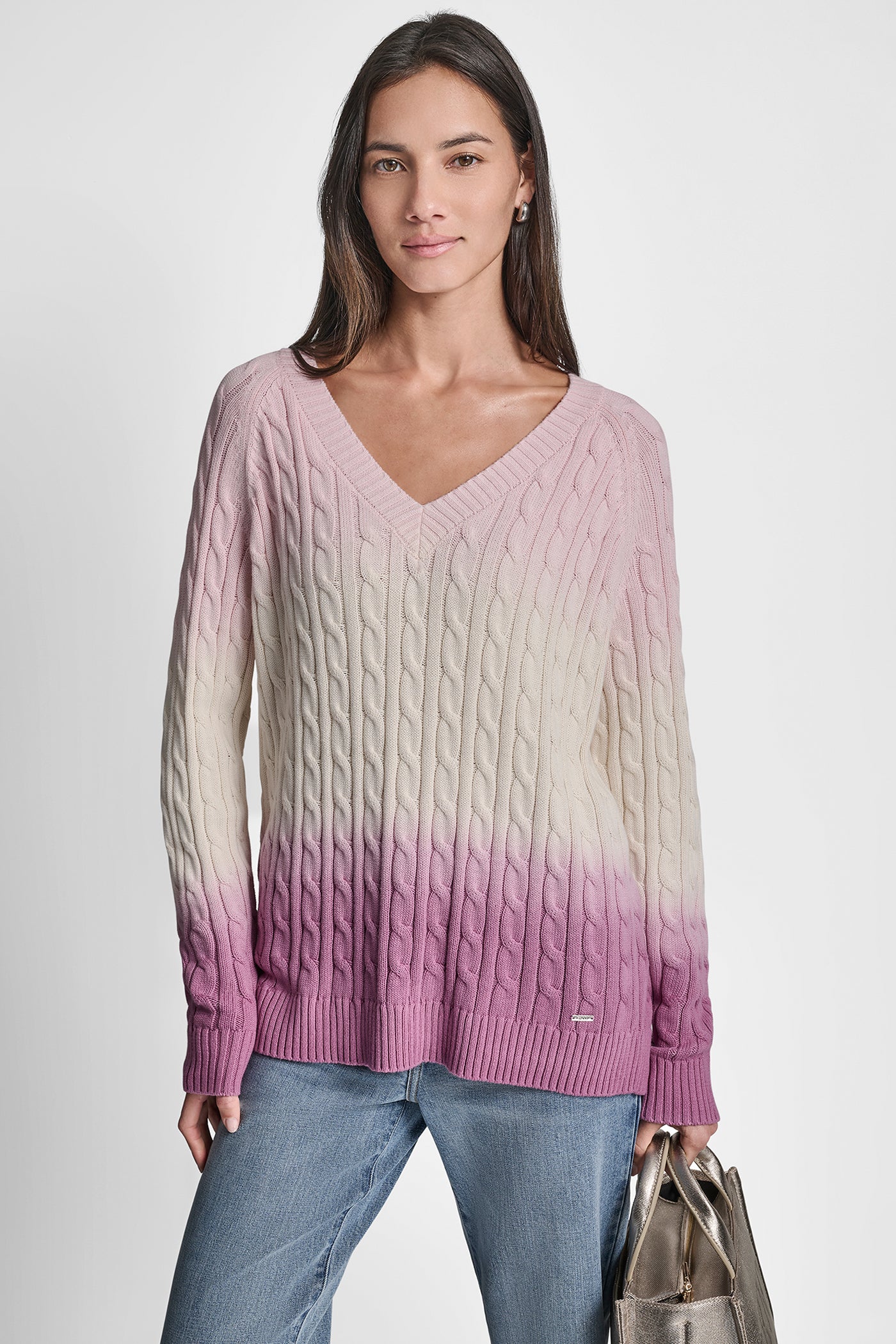 Pink DIP DYE V-NECK SWEATER, VIEW 1 | DKNY JEANS