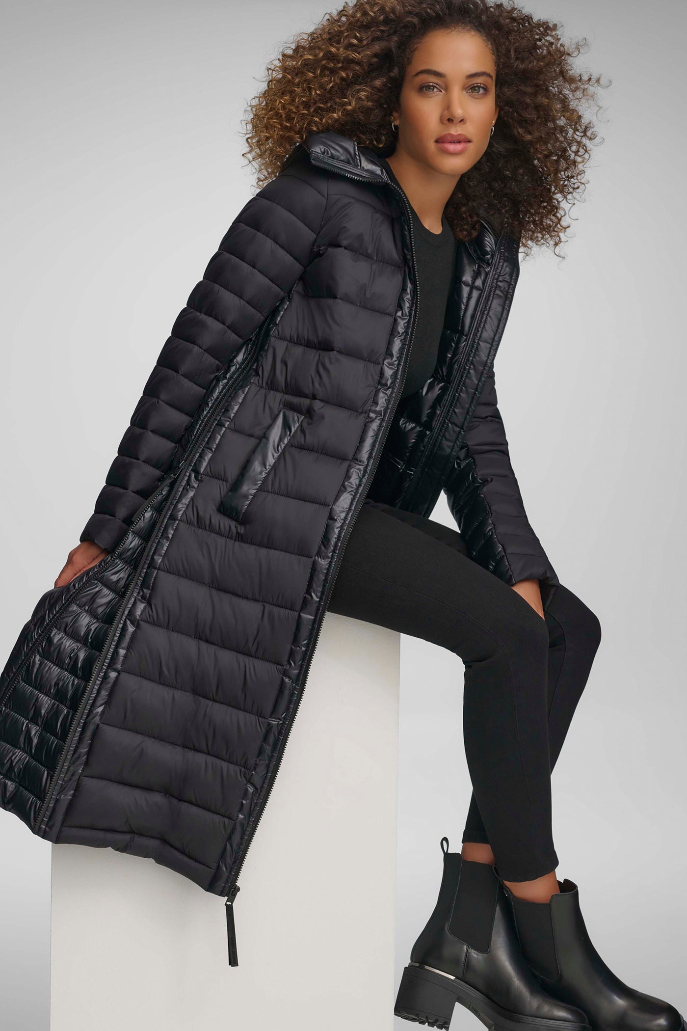 Black DOWN FILL HOODED ZIP FRONT QUILTED PUFFER, BACK VIEW | Not Clearance or Preorder